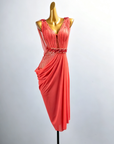 Asymmetrisches langes Latein-Tanzkleid mit Kristallgürtel und Perlenstickerei, Latein/Rhythm
