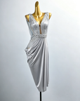 Asymmetrisches langes Latein-Tanzkleid mit Kristallgürtel und Perlenstickerei, Latein/Rhythm