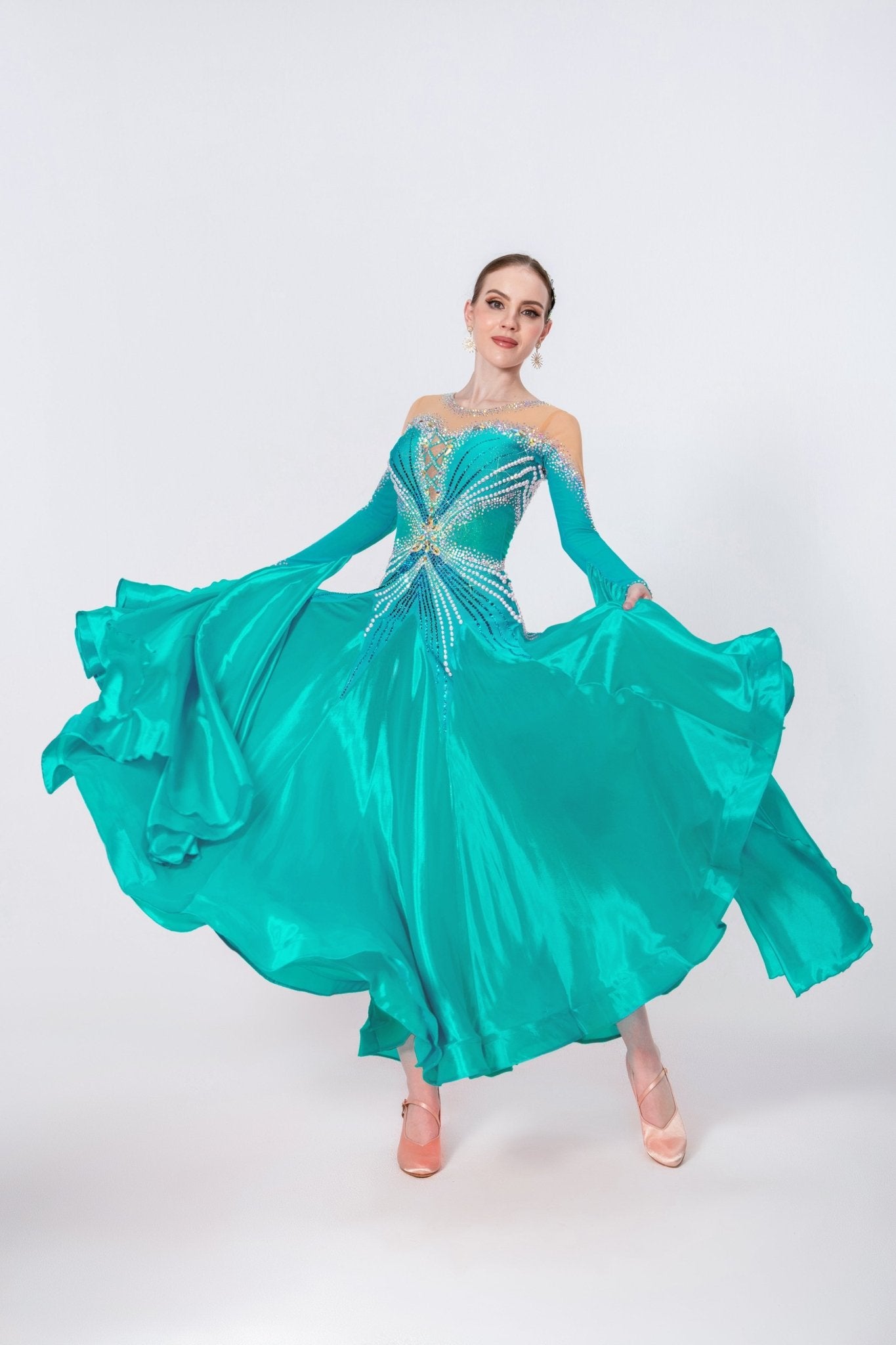 Long-sleeves Crystalline Pearl Ballroom Dress Standard/Smooth # M4723 Unika Dancewear Long-sleeves Crystalline Pearl Ballroom Dress Standard/Smooth # M4723 Unika Dancewear