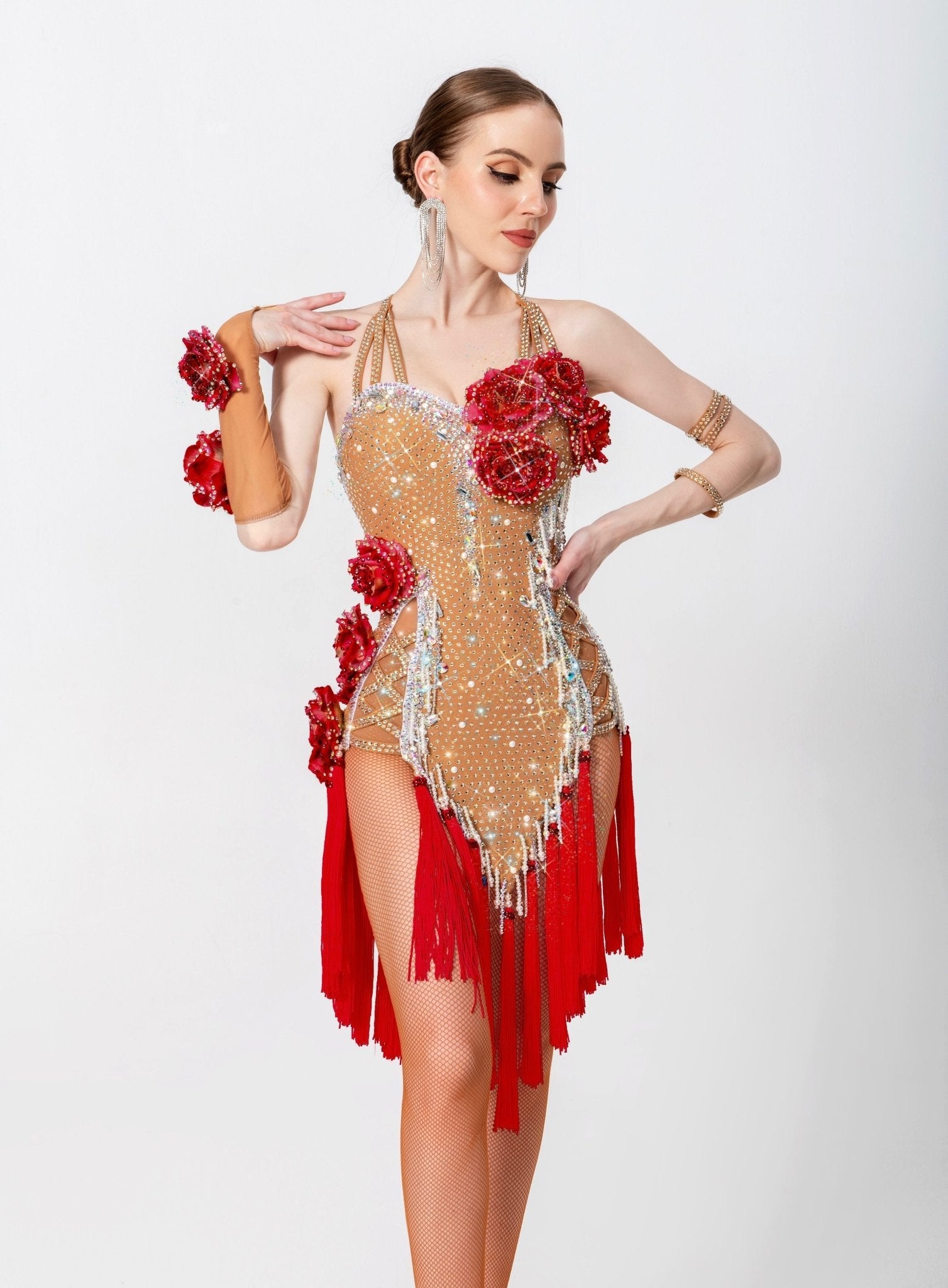 3D Roses Fringe Crystalline Latin Dress Latin/Rhythm 