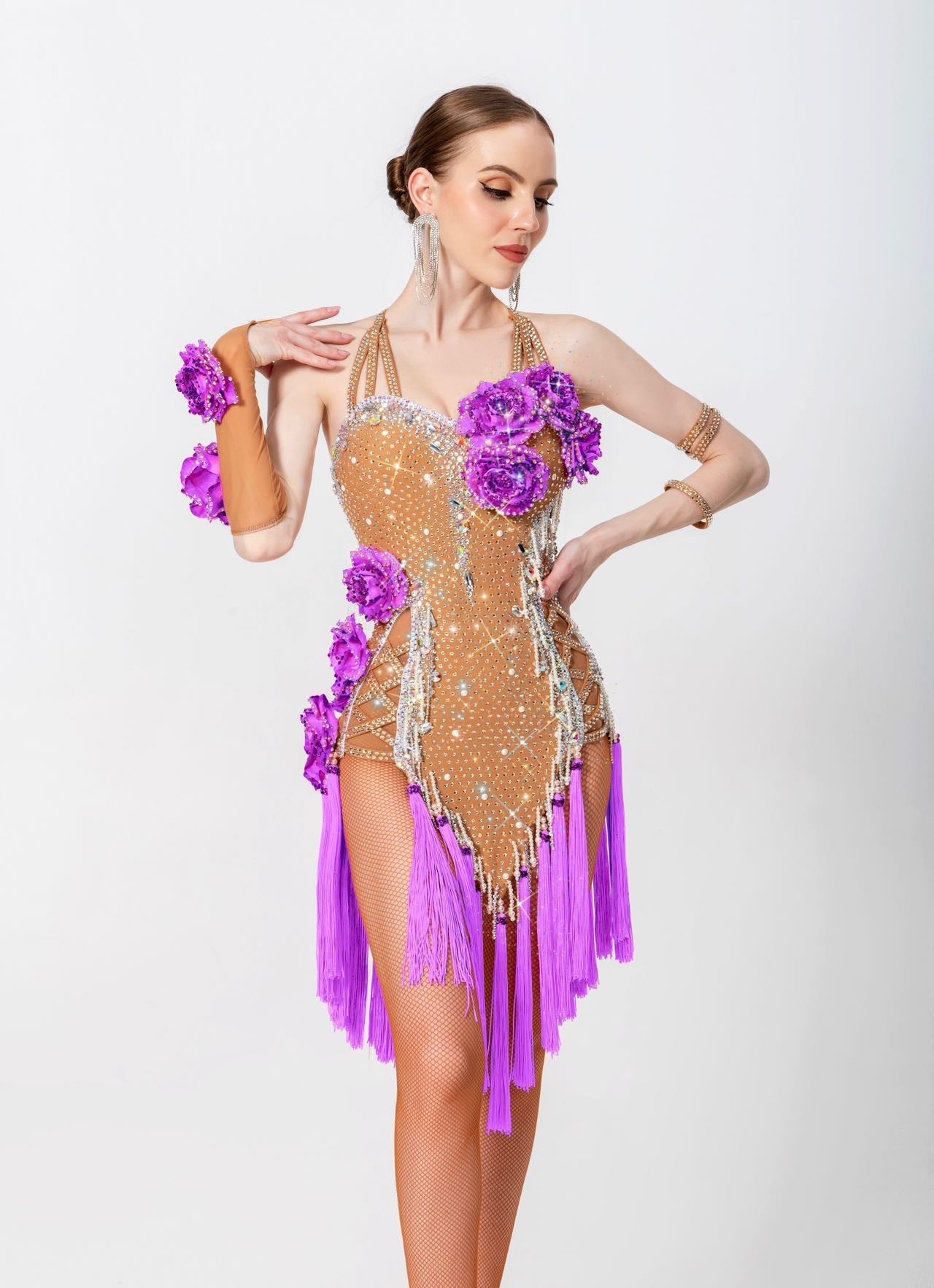 3D Roses Fringe Crystalline Latin Dress Latin/Rhythm 
