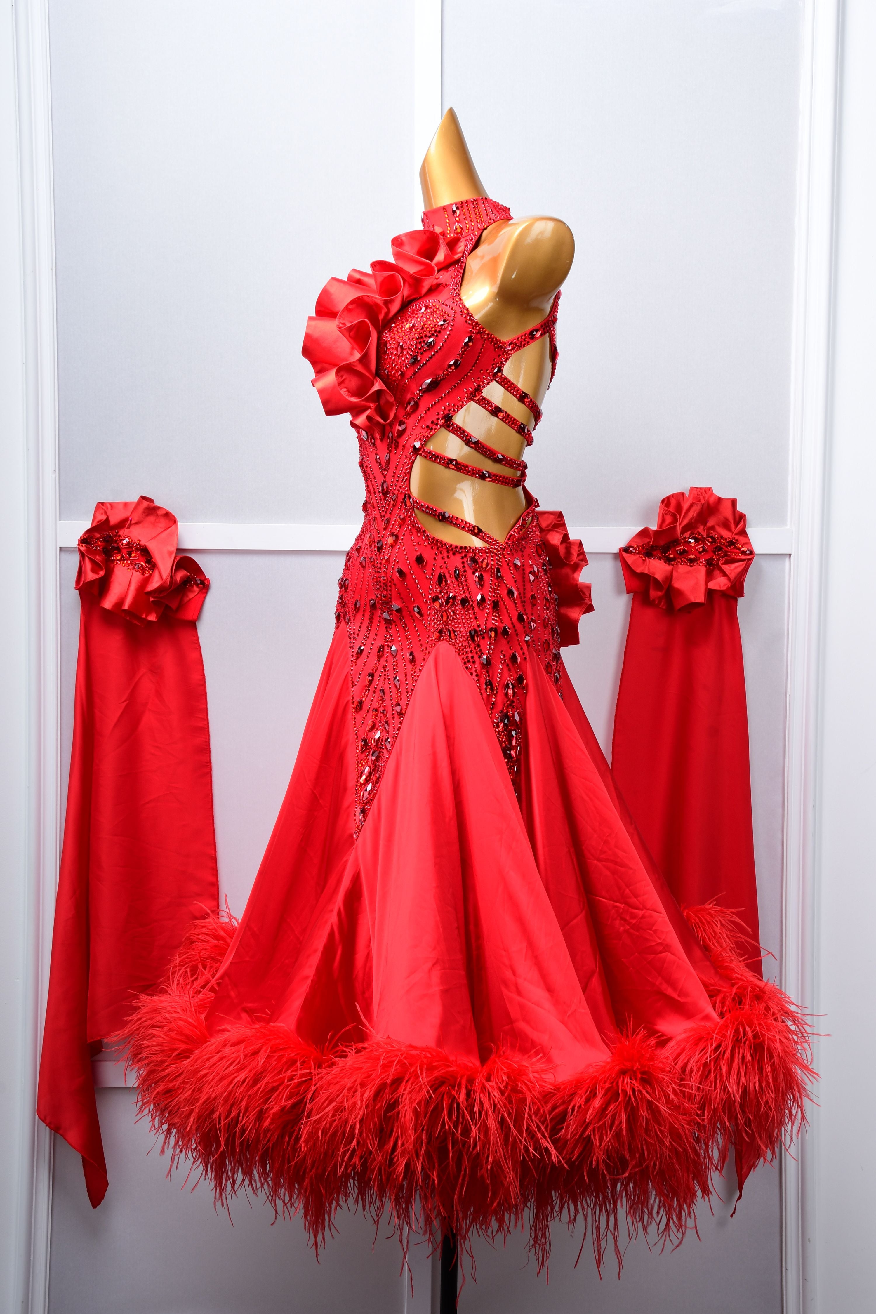 Sleeveless Crystalline Ostrich Feather Ballroom Dress Standard/Smooth 