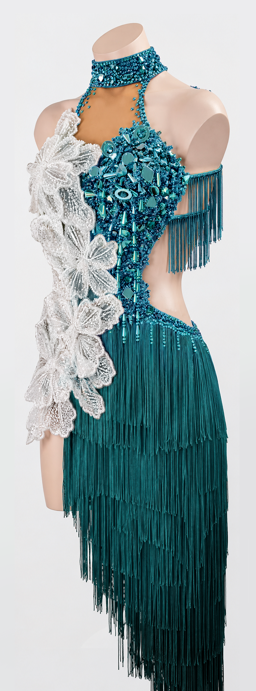 Hand‑Applied Various Rhinestones&3D White Floral Appliqué, Halter Backless Latin/Rhythm 