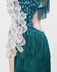 Hand‑Applied Various Rhinestones&3D White Floral Appliqué, Halter Backless Latin/Rhythm 