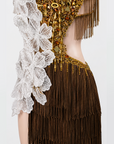 Hand‑Applied Various Rhinestones&3D White Floral Appliqué, Halter Backless Latin/Rhythm 