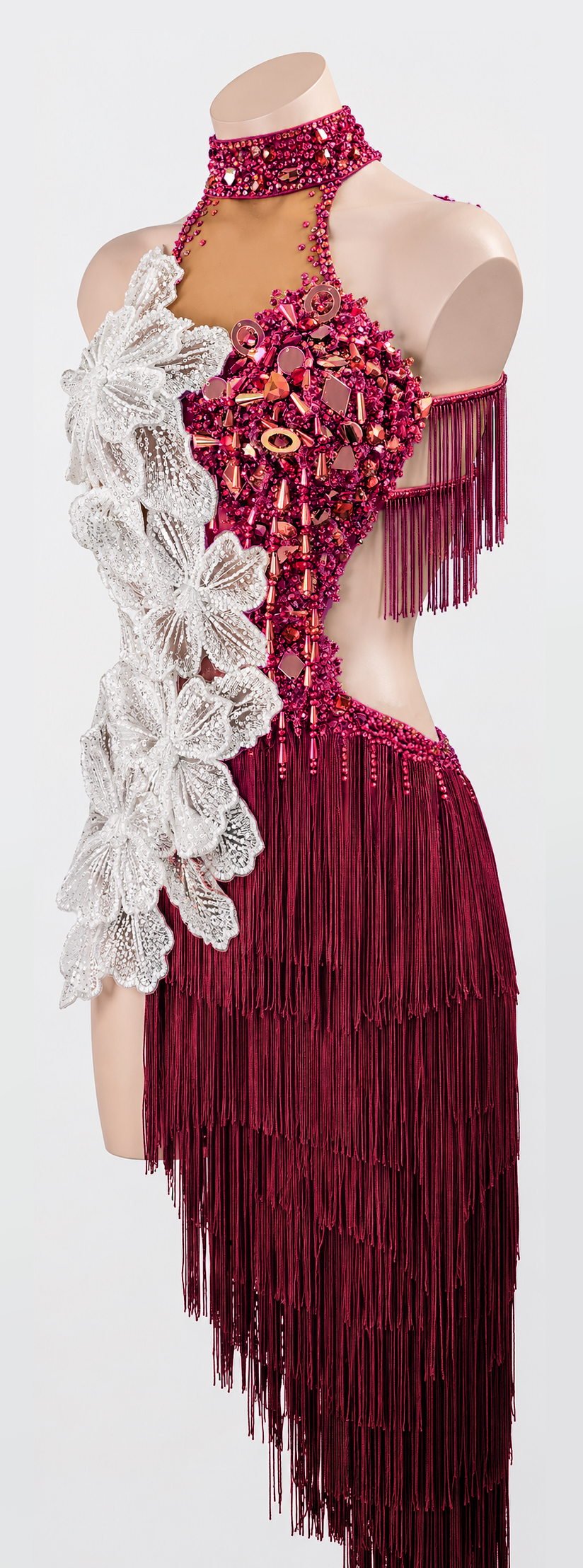 Hand‑Applied Various Rhinestones&3D White Floral Appliqué, Halter Backless Latin/Rhythm 