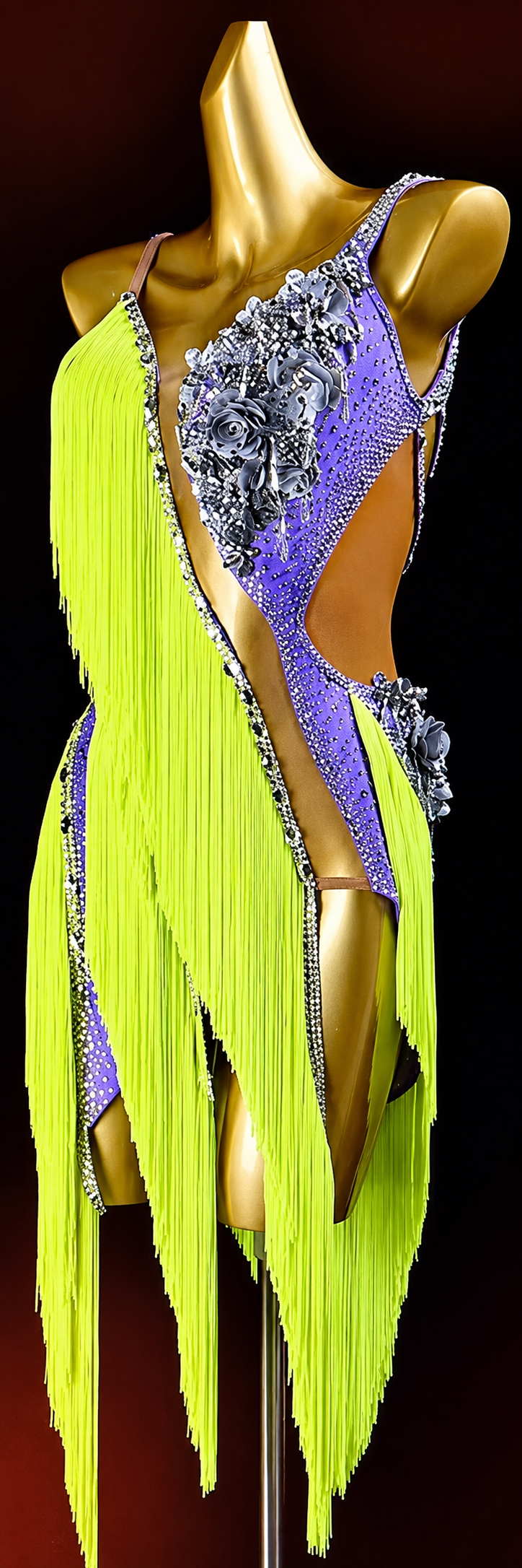 Crystalline Color‑Contrast 3D Floral Fringe Dress  Latin/Rhythm 