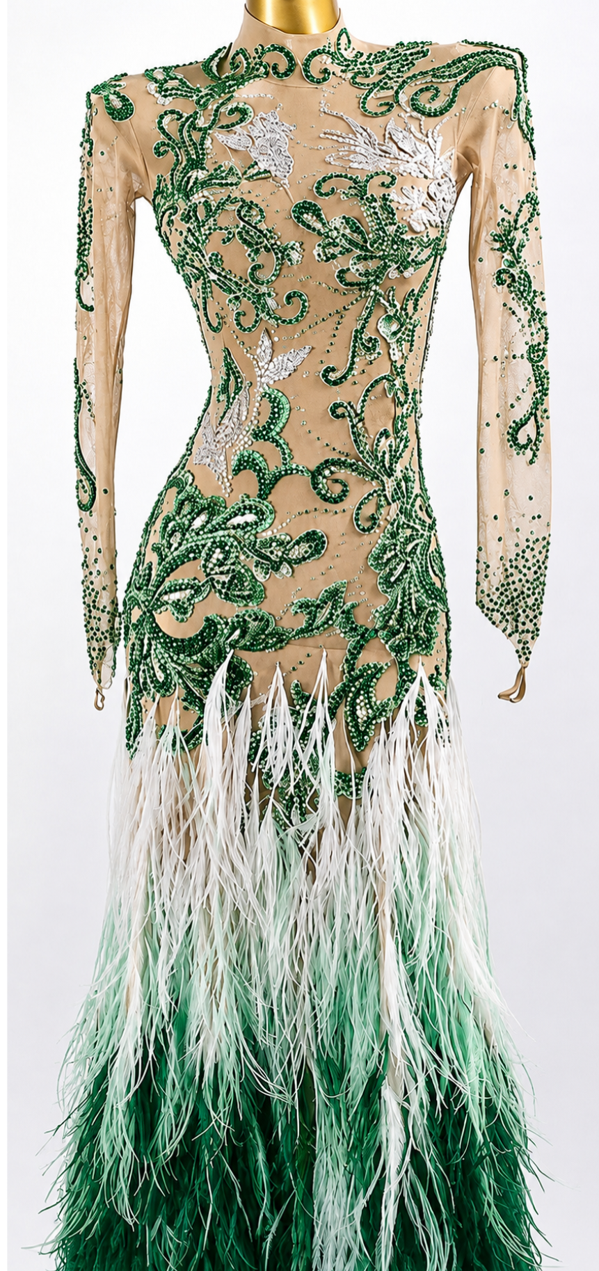 Crystalline Nude Mesh Embroidered Florals Feather Standard/Smooth Dress M