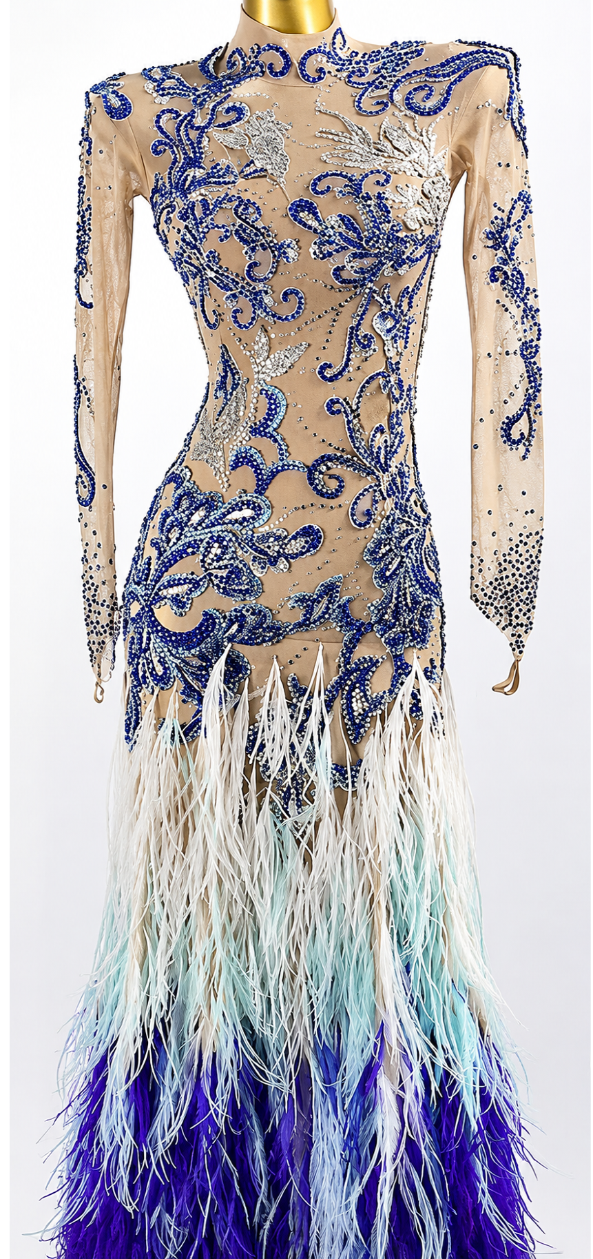 Crystalline Nude Mesh Embroidered Florals Feather Standard/Smooth Dress M