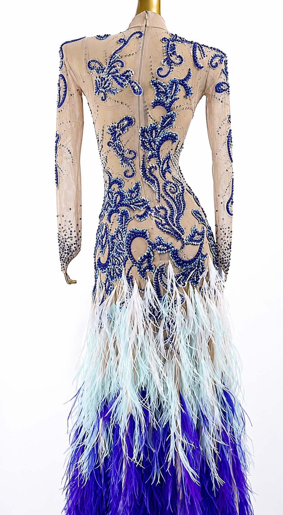 Crystalline Nude Mesh Embroidered Florals Feather Standard/Smooth Dress M
