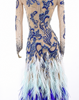 Crystalline Nude Mesh Embroidered Florals Feather Standard/Smooth Dress M