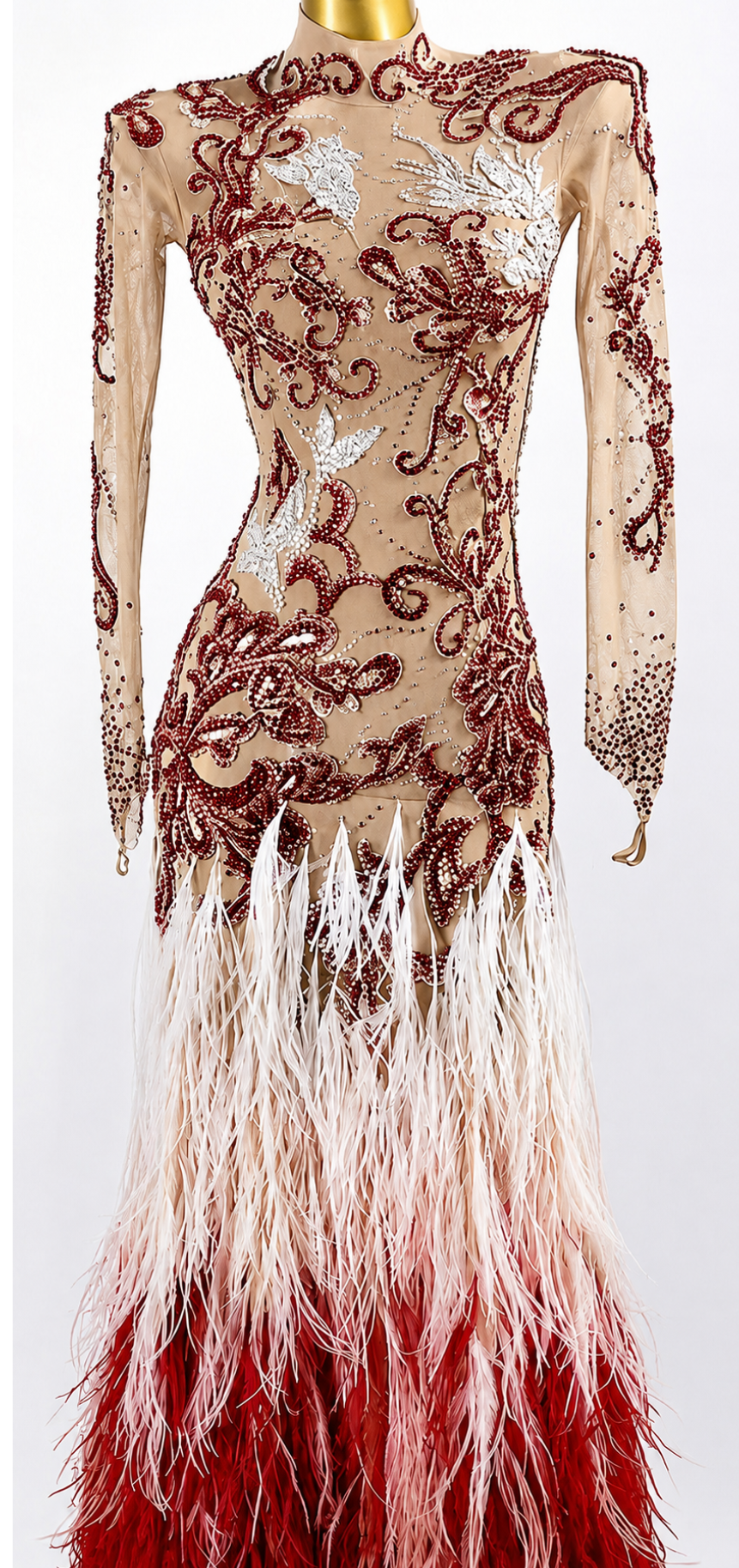 Crystalline Nude Mesh Embroidered Florals Feather Standard/Smooth Dress M