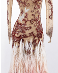 Crystalline Nude Mesh Embroidered Florals Feather Standard/Smooth Dress M