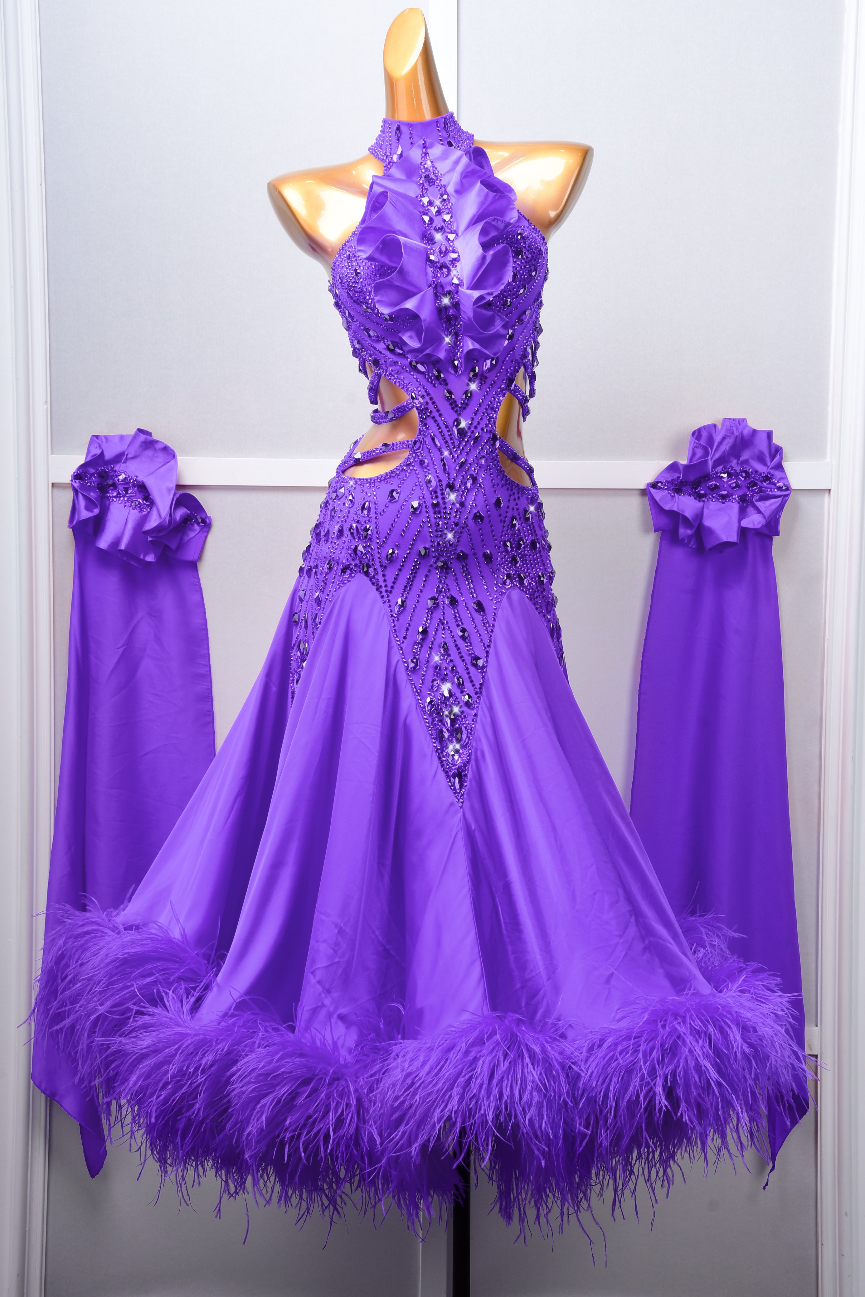 Sleeveless Crystalline Ostrich Feather Ballroom Dress Standard/Smooth 