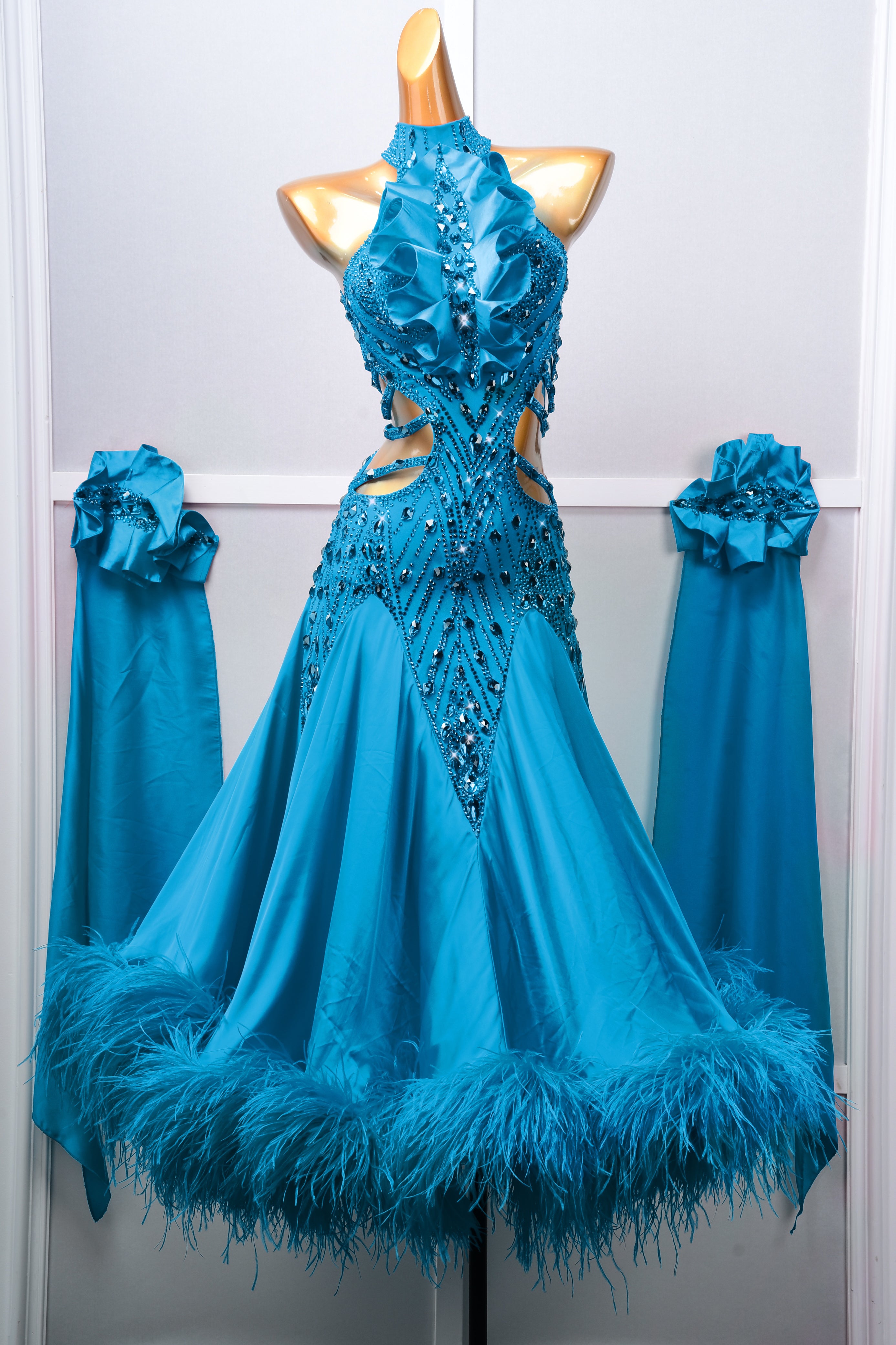 Sleeveless Crystalline Ostrich Feather Ballroom Dress Standard/Smooth 