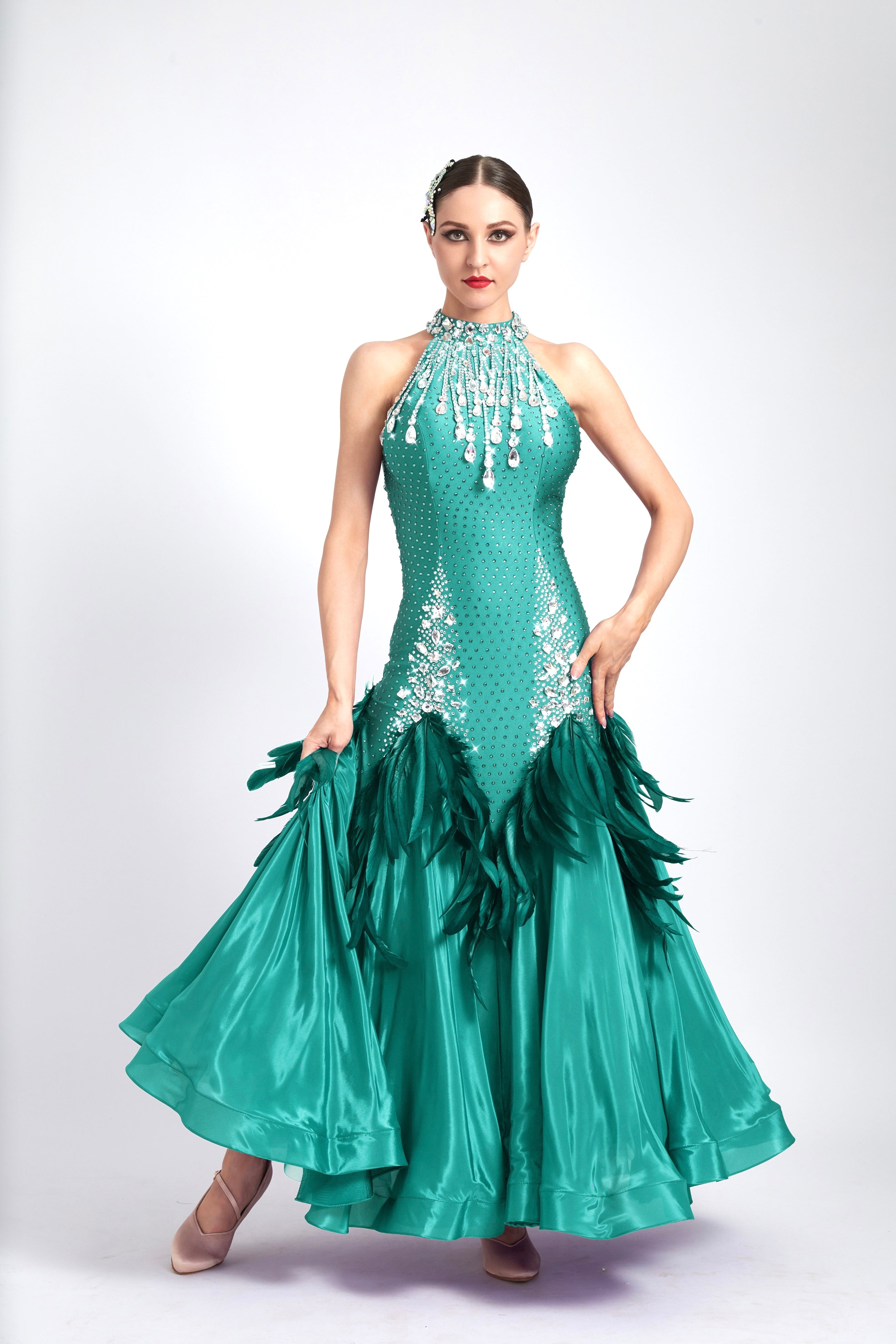 Water Drop Crystal Feather Ballroom  Dress Standard/Smooth 