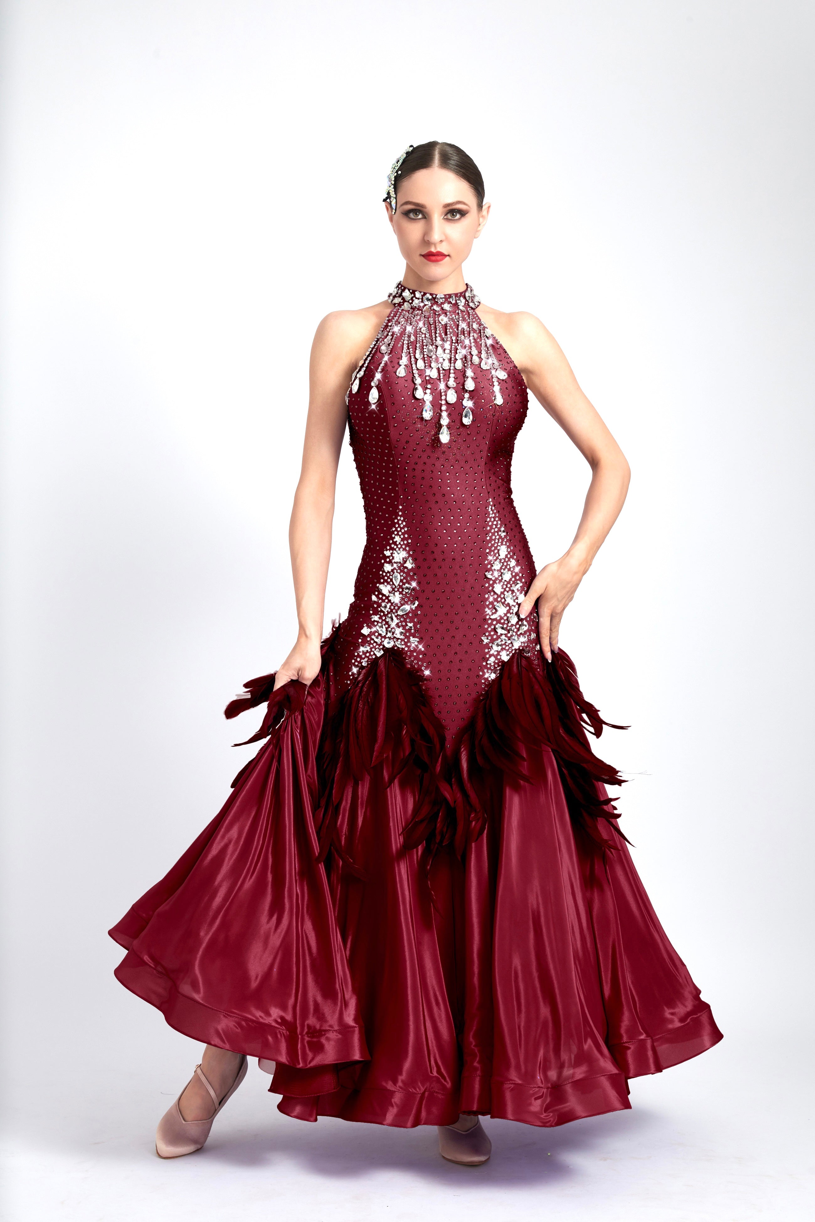 Water Drop Crystal Feather Ballroom  Dress Standard/Smooth 