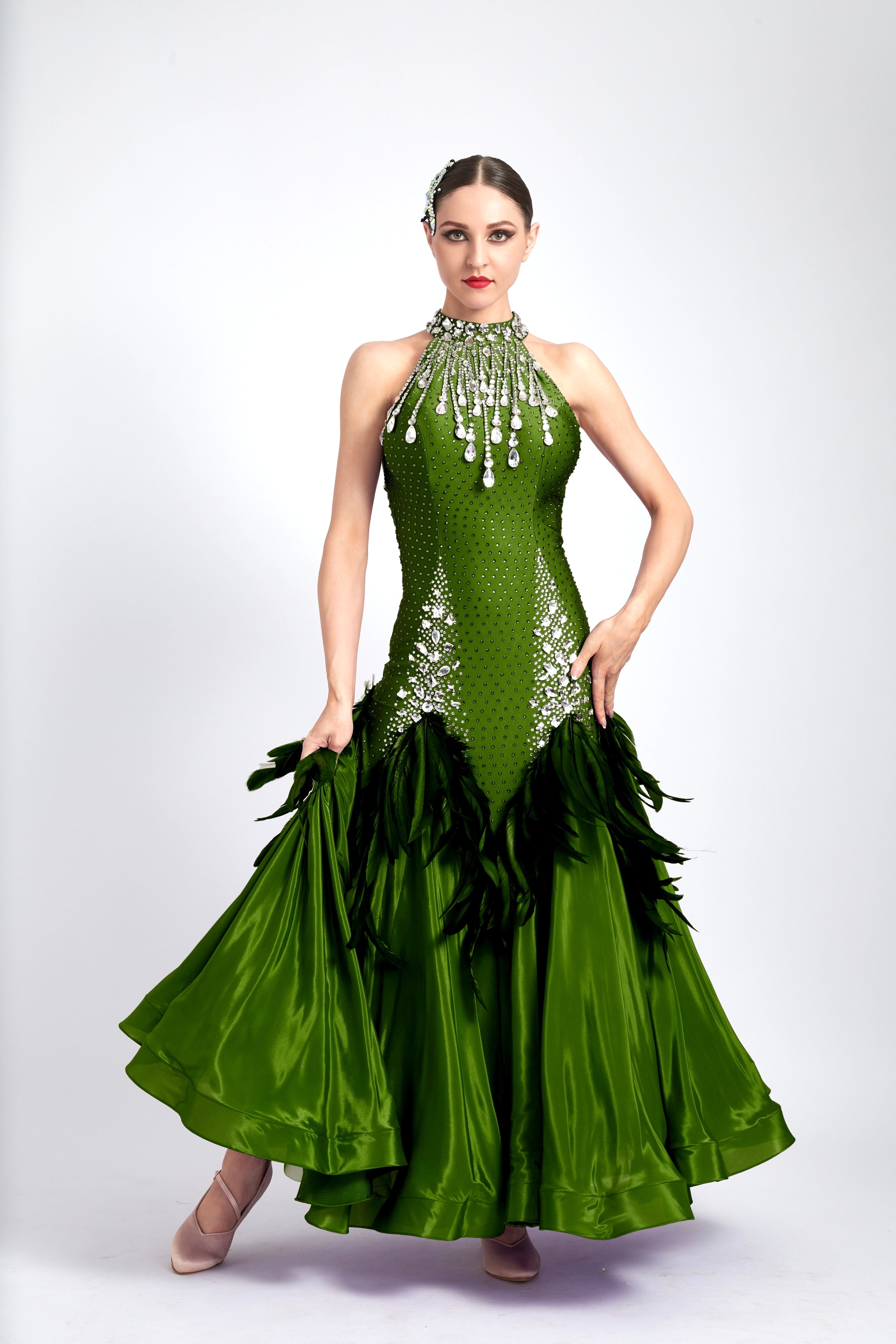 Water Drop Crystal Feather Ballroom  Dress Standard/Smooth 