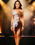 Hand‑Applied Various Rhinestones&3D White Floral Appliqué, Halter Backless Latin/Rhythm 