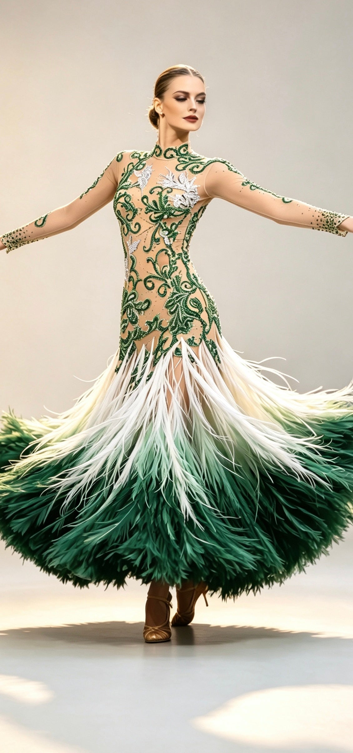 Crystalline Nude Mesh Embroidered Florals Feather Standard/Smooth Dress M