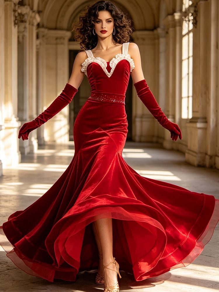 Stretch Velvet Dance Gown with White Ruffle Trim  Standard/Smooth 
