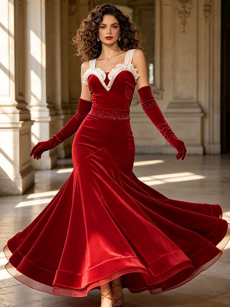 Stretch Velvet Dance Gown with White Ruffle Trim  Standard/Smooth 