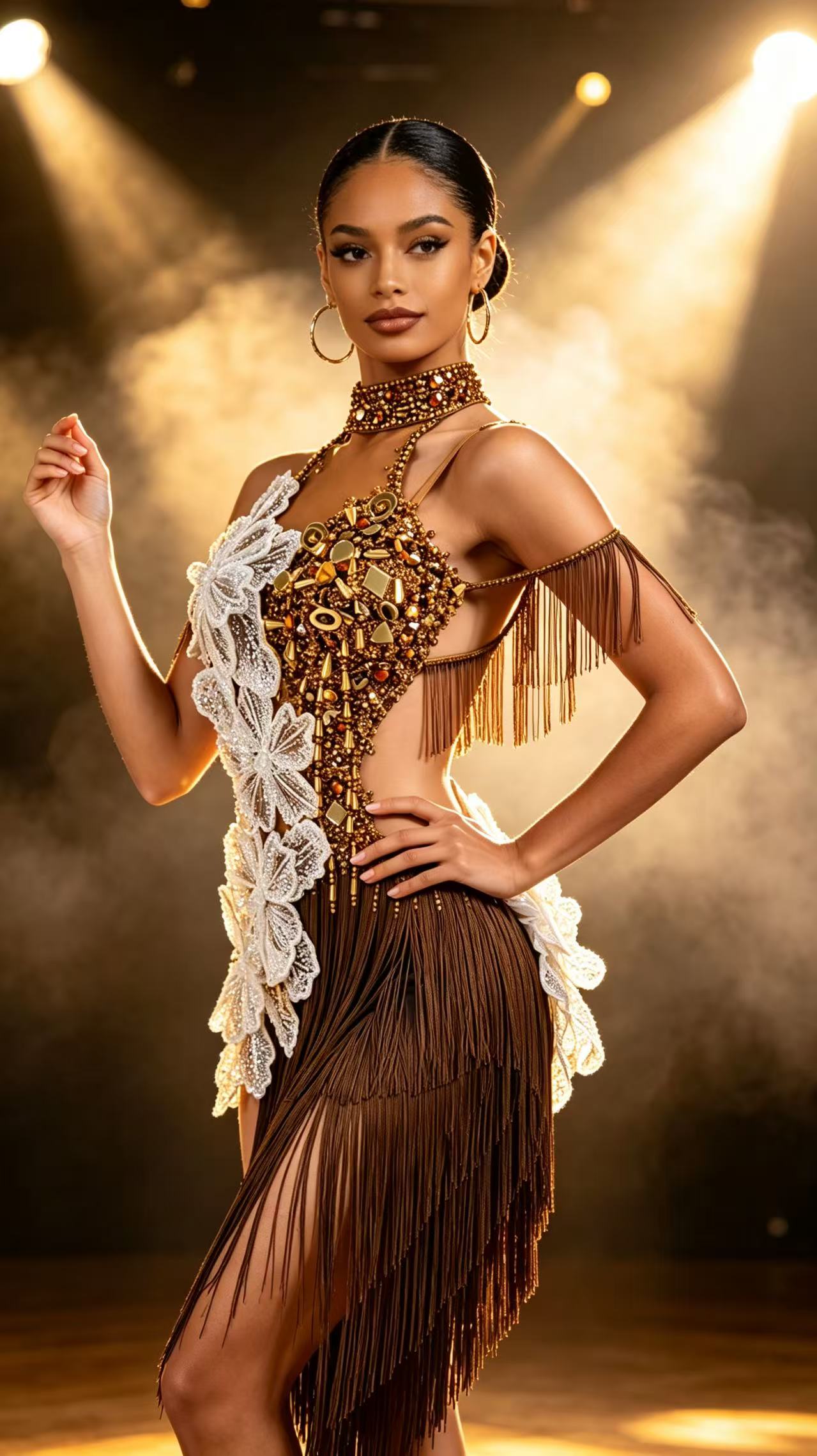 Hand‑Applied Various Rhinestones&3D White Floral Appliqué, Halter Backless Latin/Rhythm 