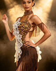 Hand‑Applied Various Rhinestones&3D White Floral Appliqué, Halter Backless Latin/Rhythm 