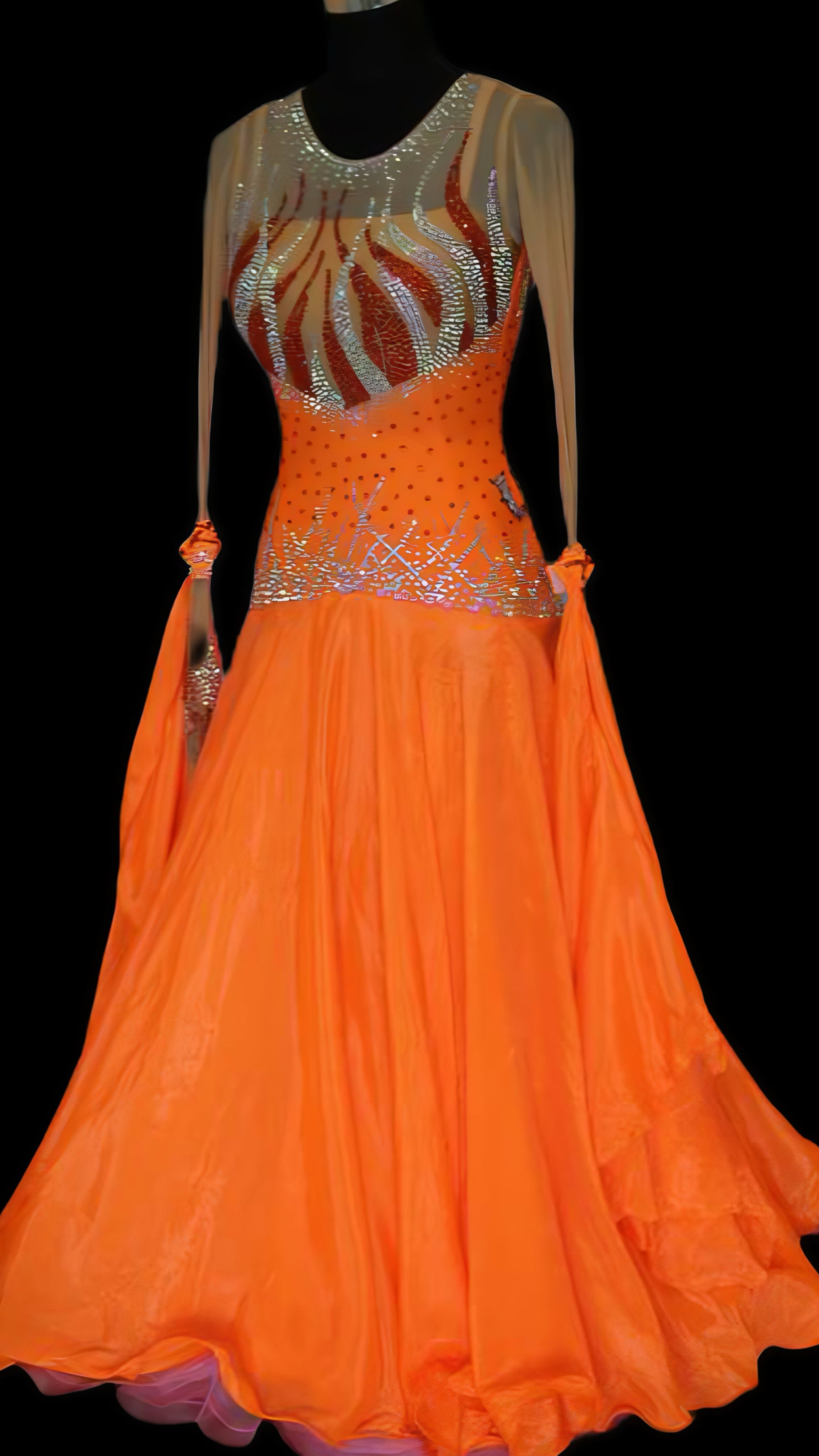 Long Sleeves Flowy Sash Flame Crystal Ballroom Standard Dress Standard/Smooth 