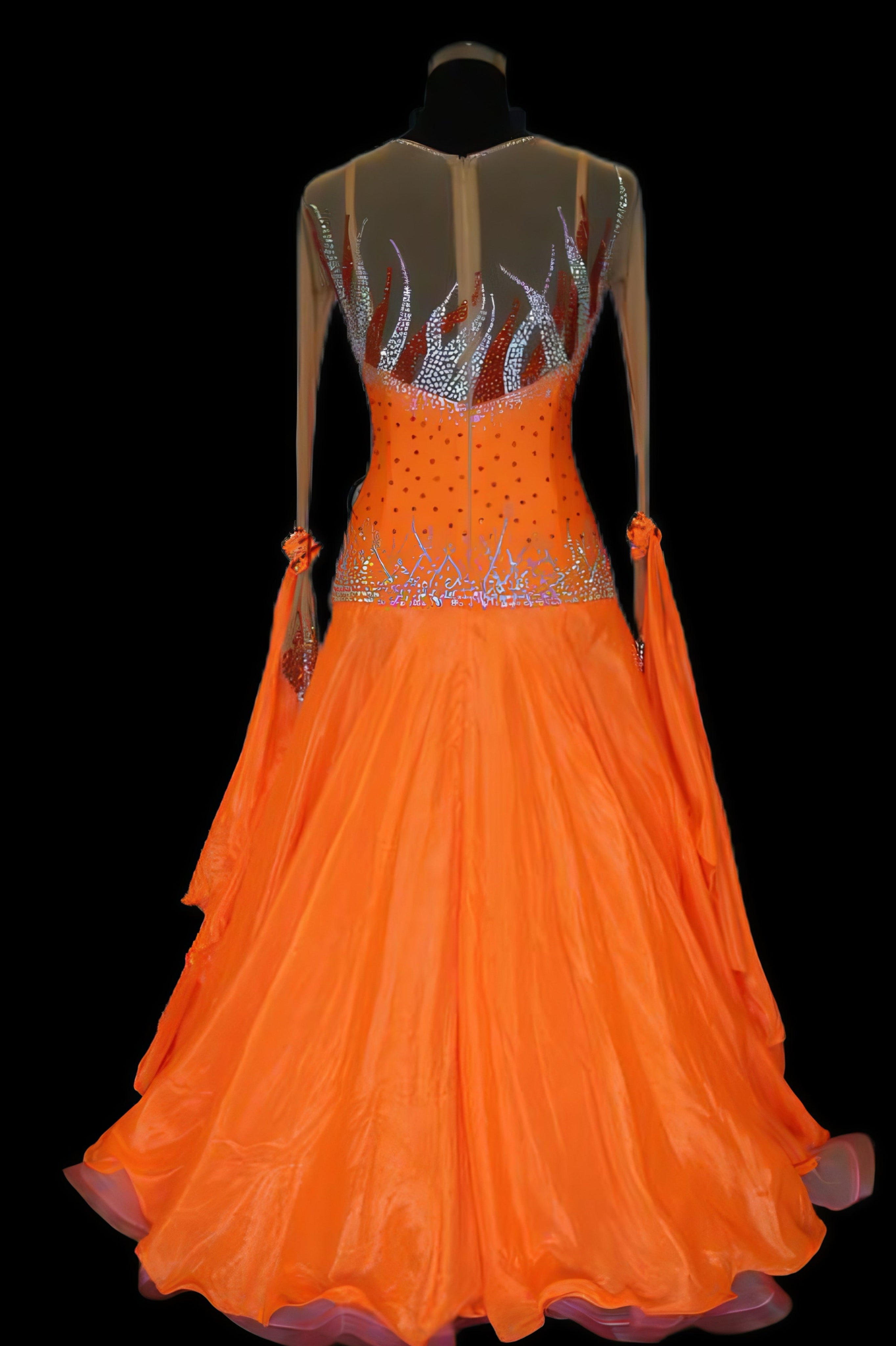 Long Sleeves Flowy Sash Flame Crystal Ballroom Standard Dress Standard/Smooth 