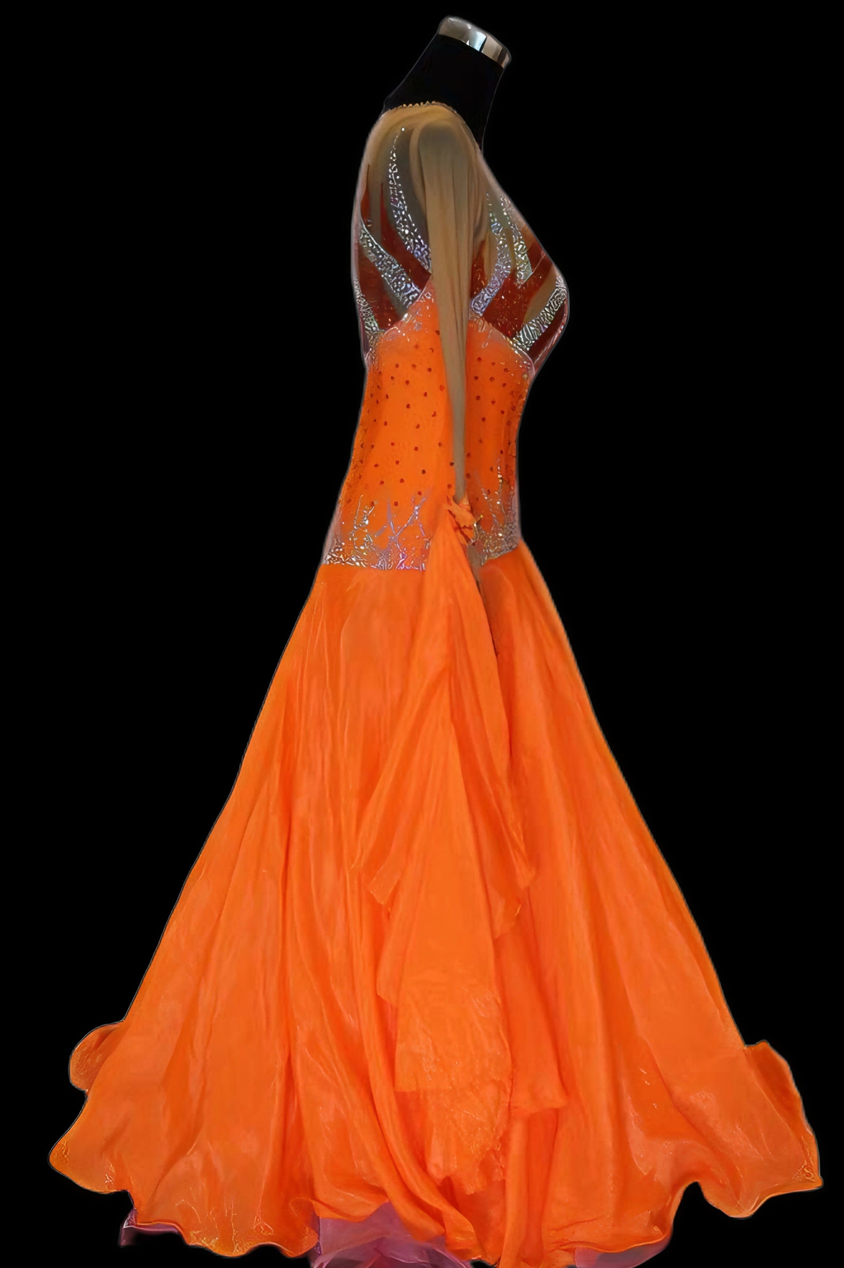 Long Sleeves Flowy Sash Flame Crystal Ballroom Standard Dress Standard/Smooth 