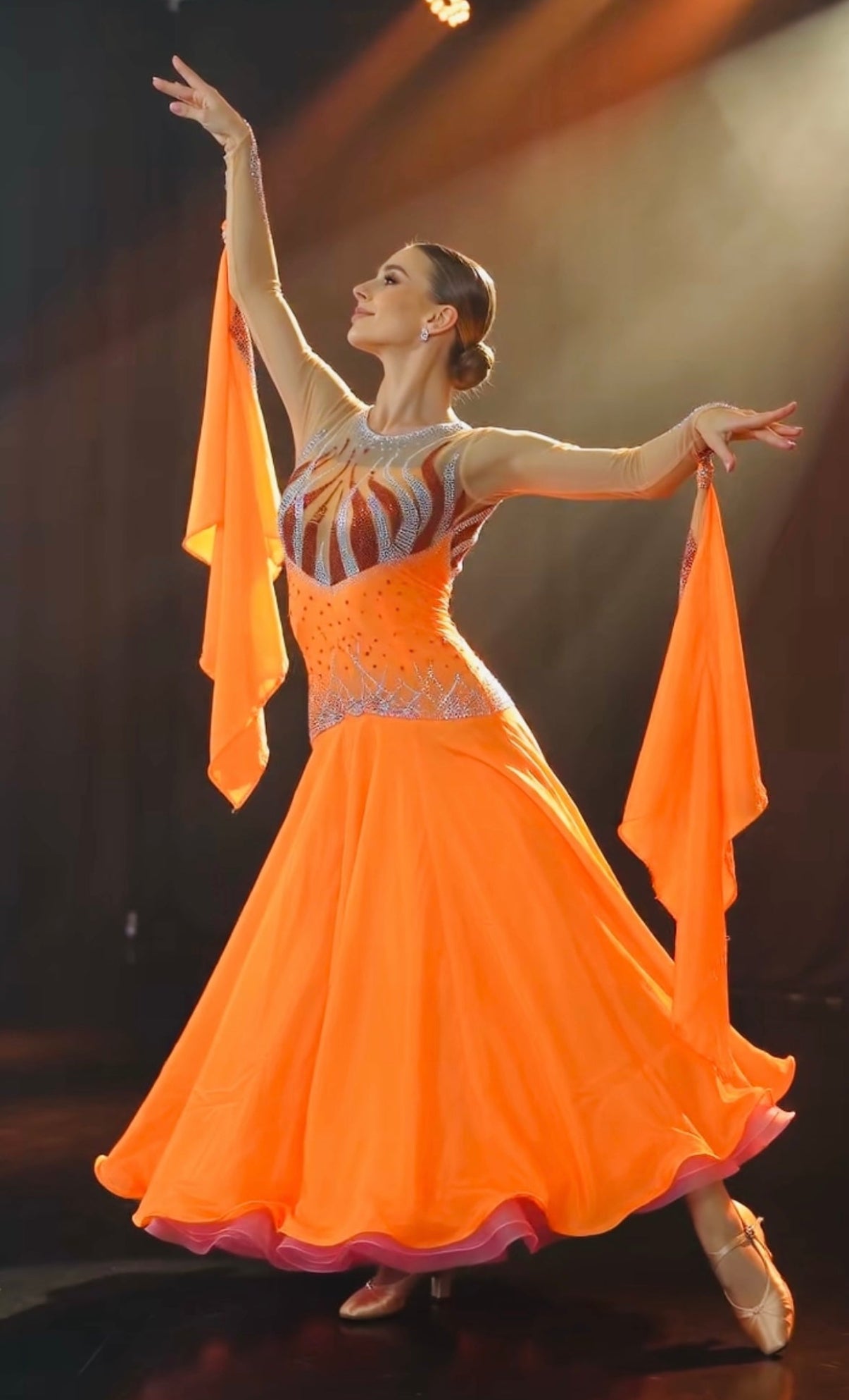 Long Sleeves Flowy Sash Flame Crystal Ballroom Standard Dress Standard/Smooth 