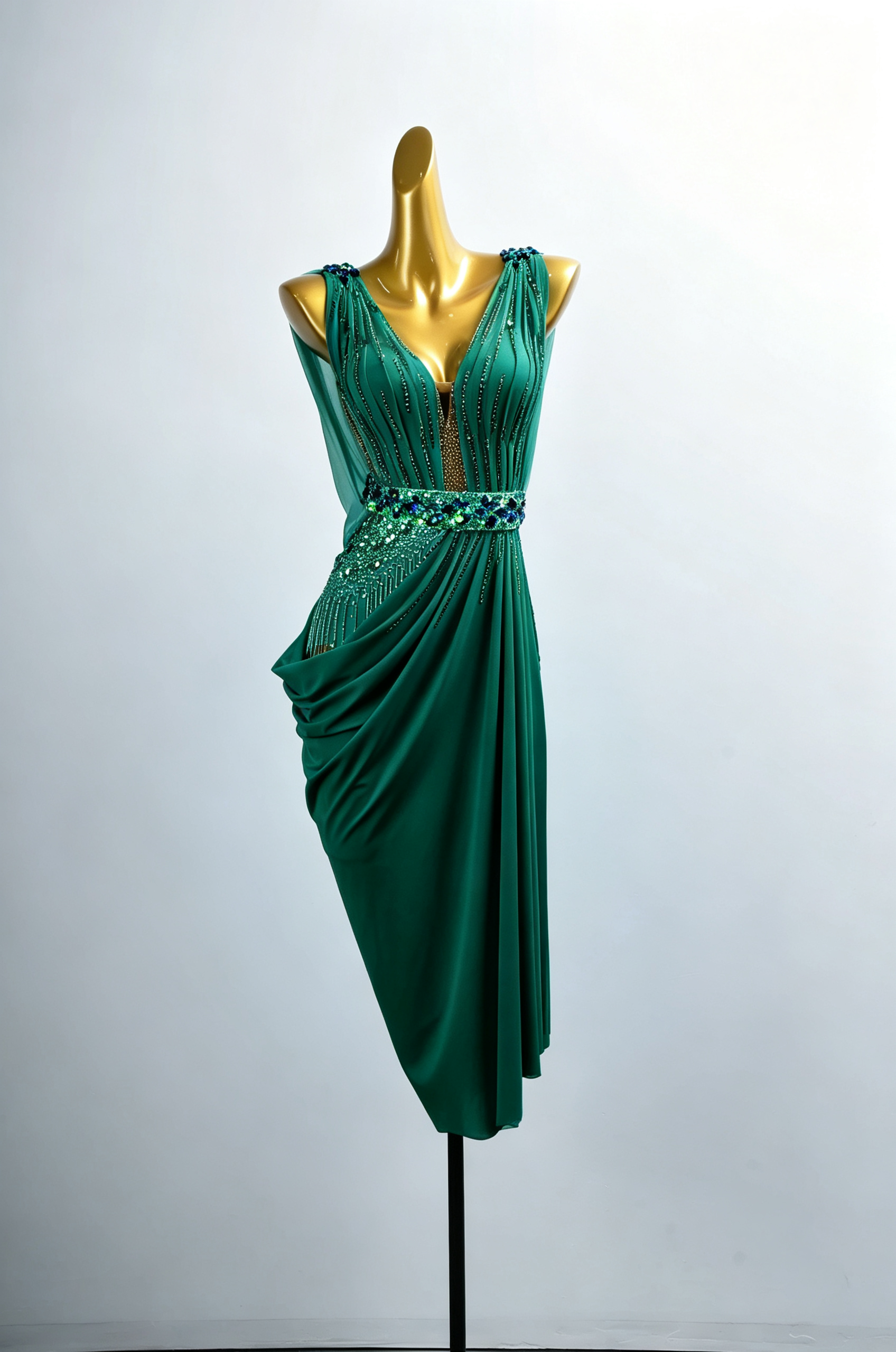 Asymmetrisches langes Latein-Tanzkleid mit Kristallgürtel und Perlenstickerei, Latein/Rhythm 