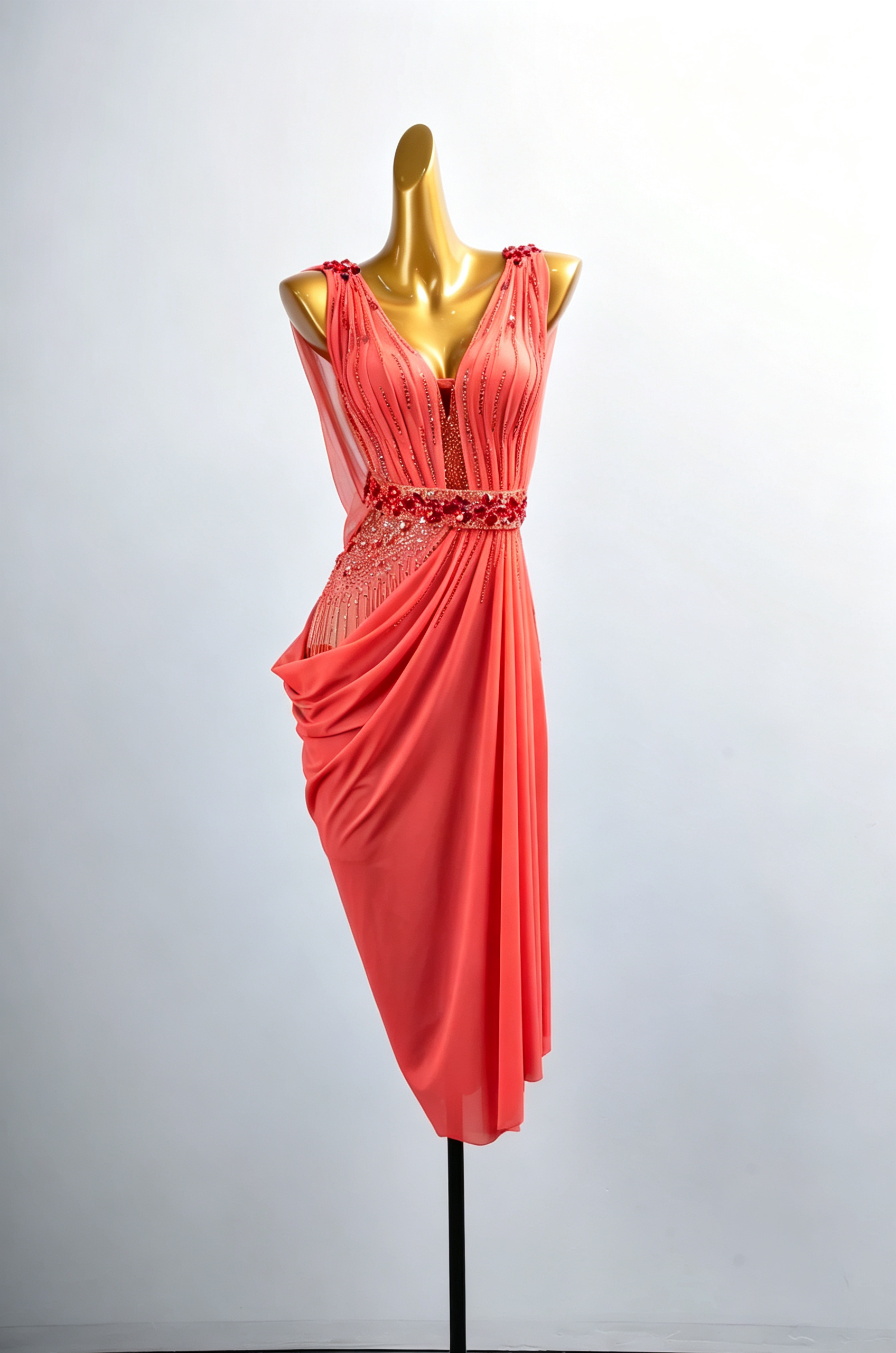 Asymmetrisches langes Latein-Tanzkleid mit Kristallgürtel und Perlenstickerei, Latein/Rhythm 