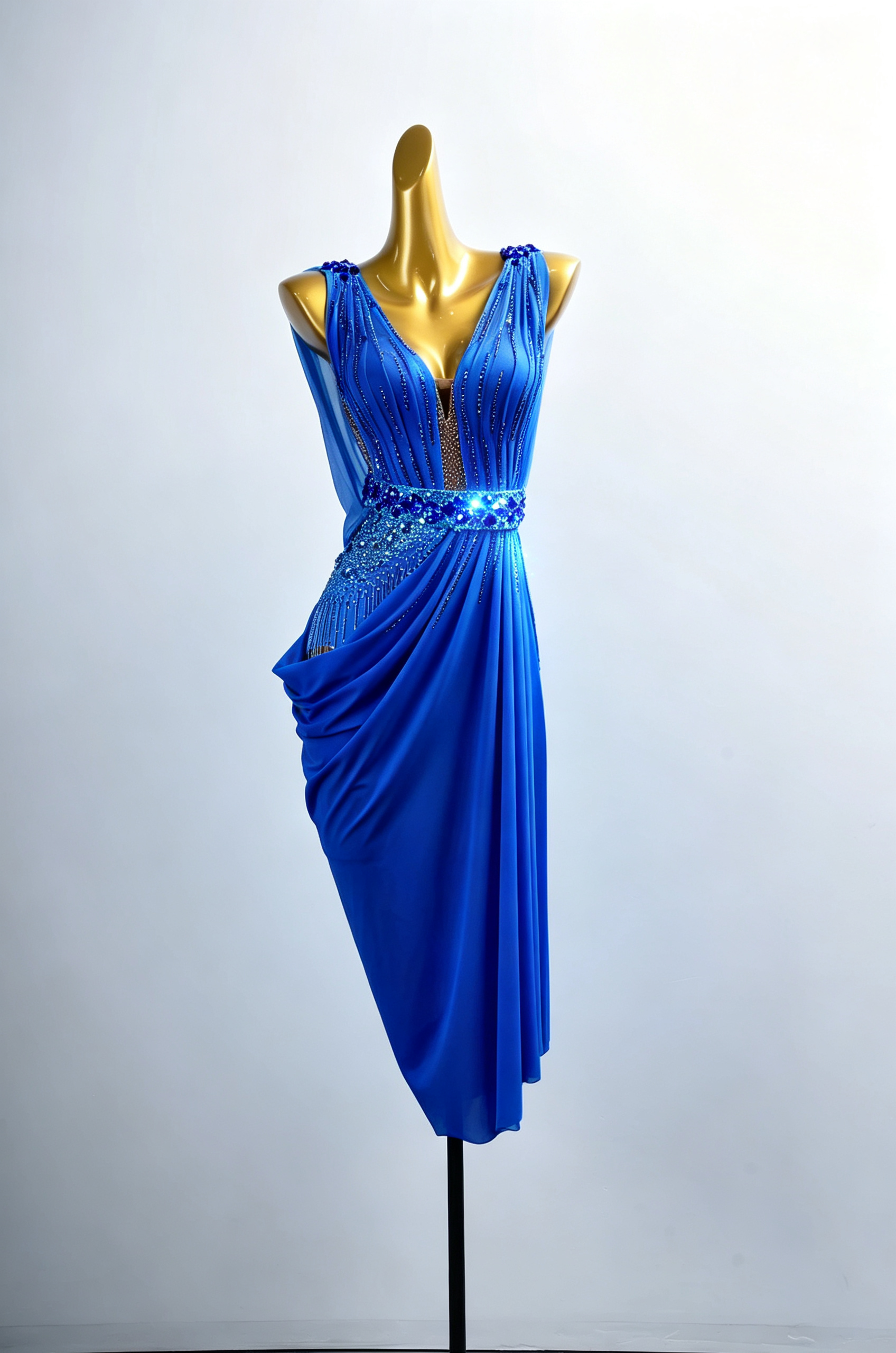 Asymmetrisches langes Latein-Tanzkleid mit Kristallgürtel und Perlenstickerei, Latein/Rhythm 