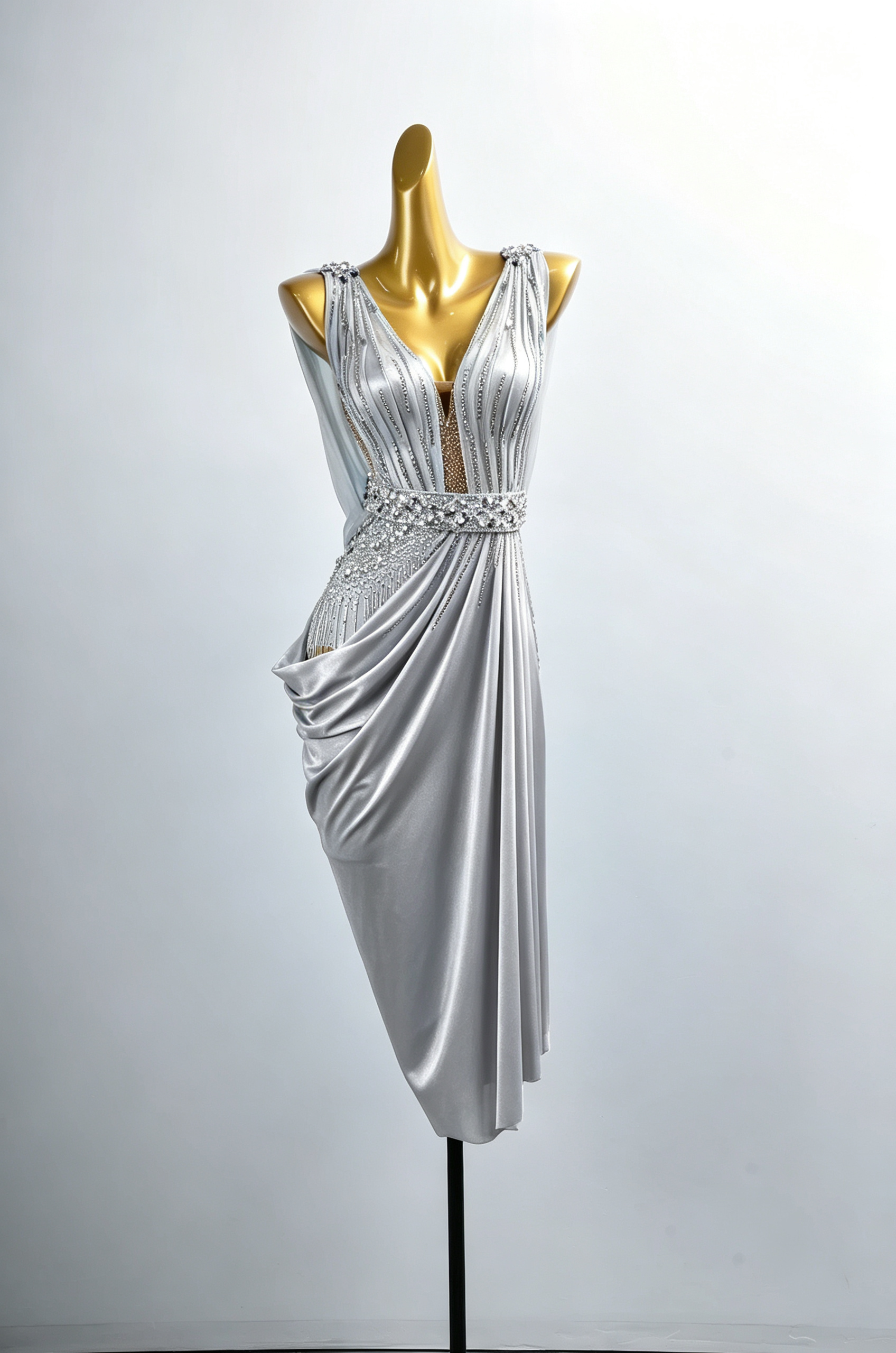 Asymmetrisches langes Latein-Tanzkleid mit Kristallgürtel und Perlenstickerei, Latein/Rhythm 