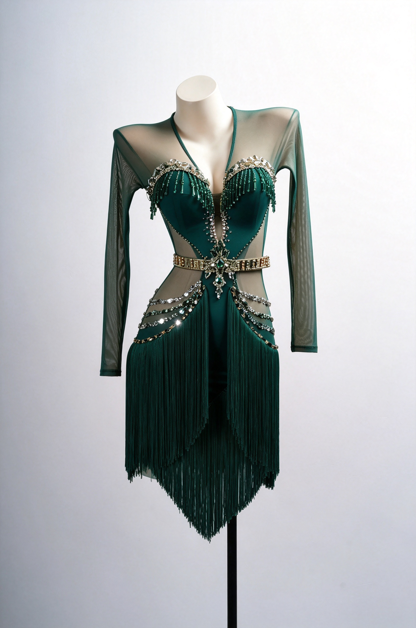 Long-sleeves Crystalline Fringe Latin Dress Latin/Rhythm 