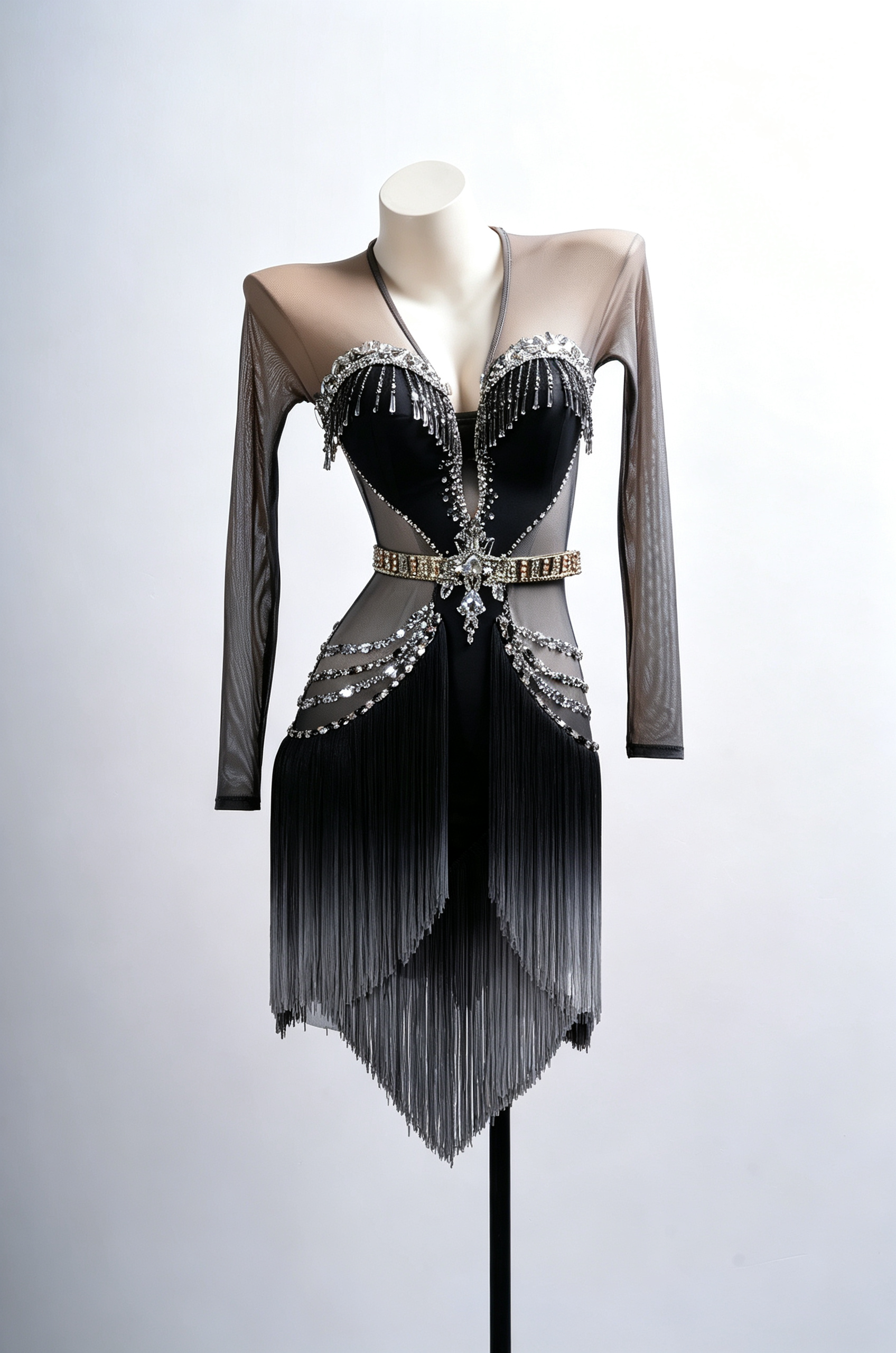 Long-sleeves Crystalline Fringe Latin Dress Latin/Rhythm 