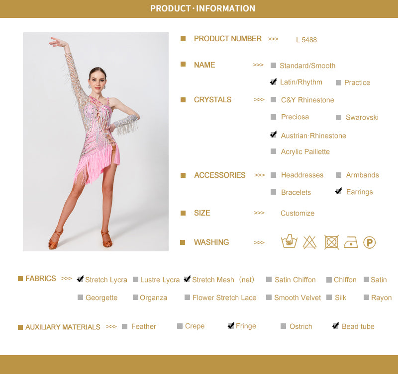 One-shoulder Crystalline Beaded Fringe Latin Dress Latin/Rhythm 