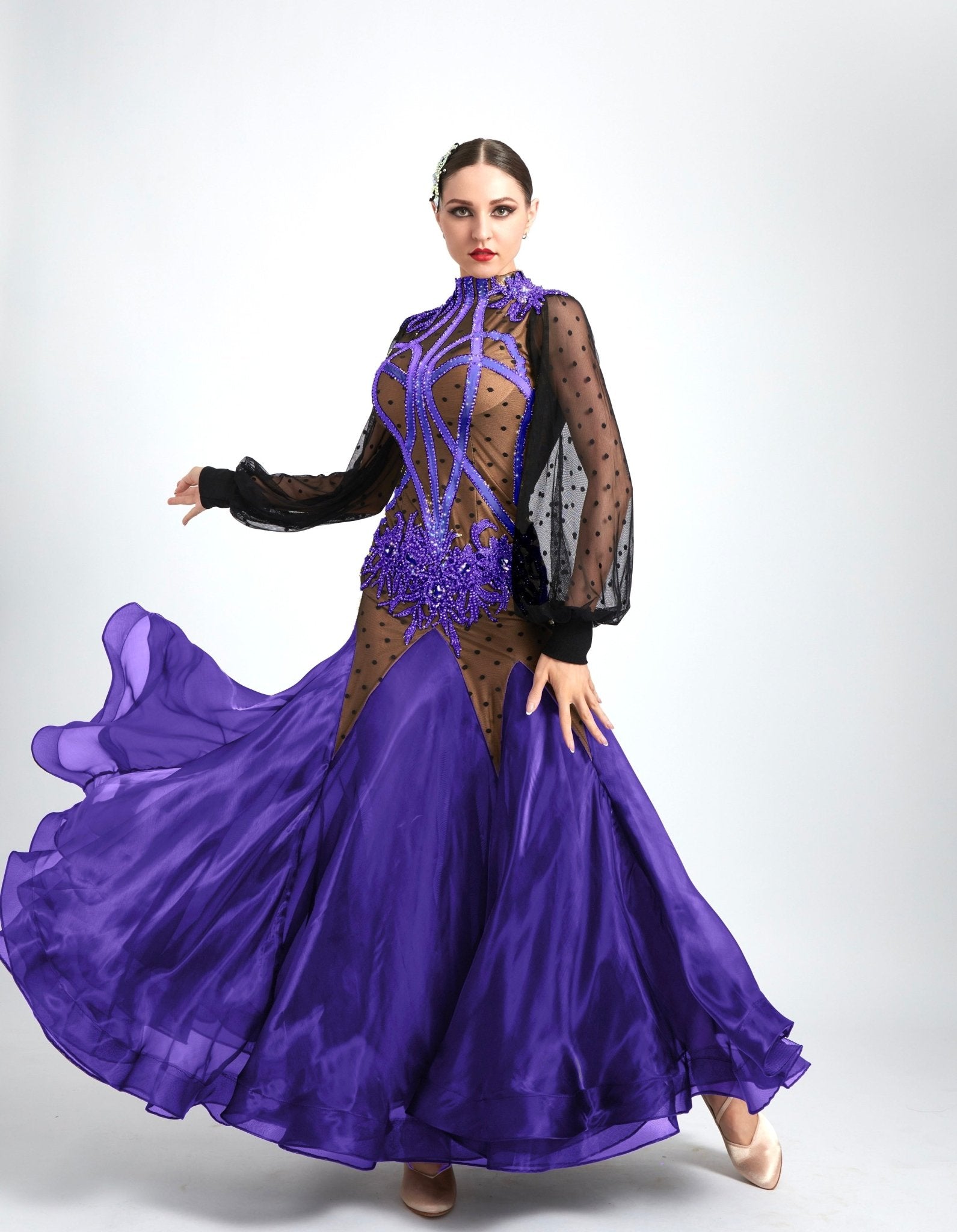 Long Puffy Sleeves Crystalline Ballroom Dress Standard/Smooth 
