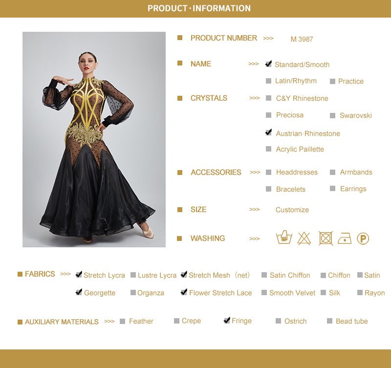 Long Puffy Sleeves Crystalline Ballroom Dress Standard/Smooth 
