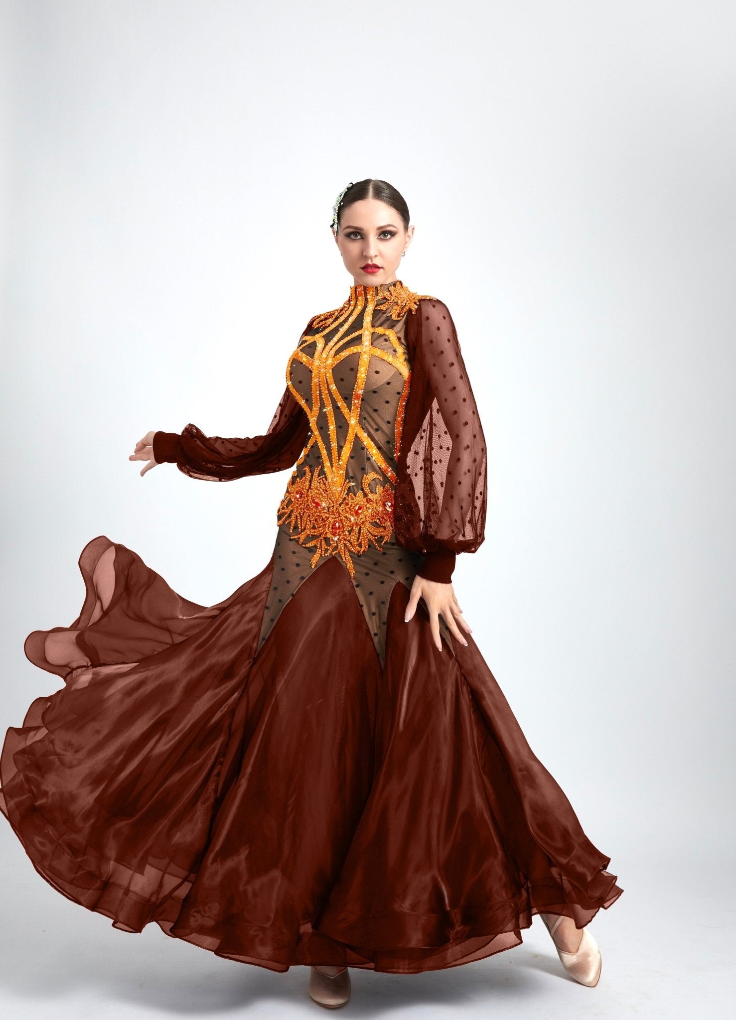 Long Puffy Sleeves Crystalline Ballroom Dress Standard/Smooth 