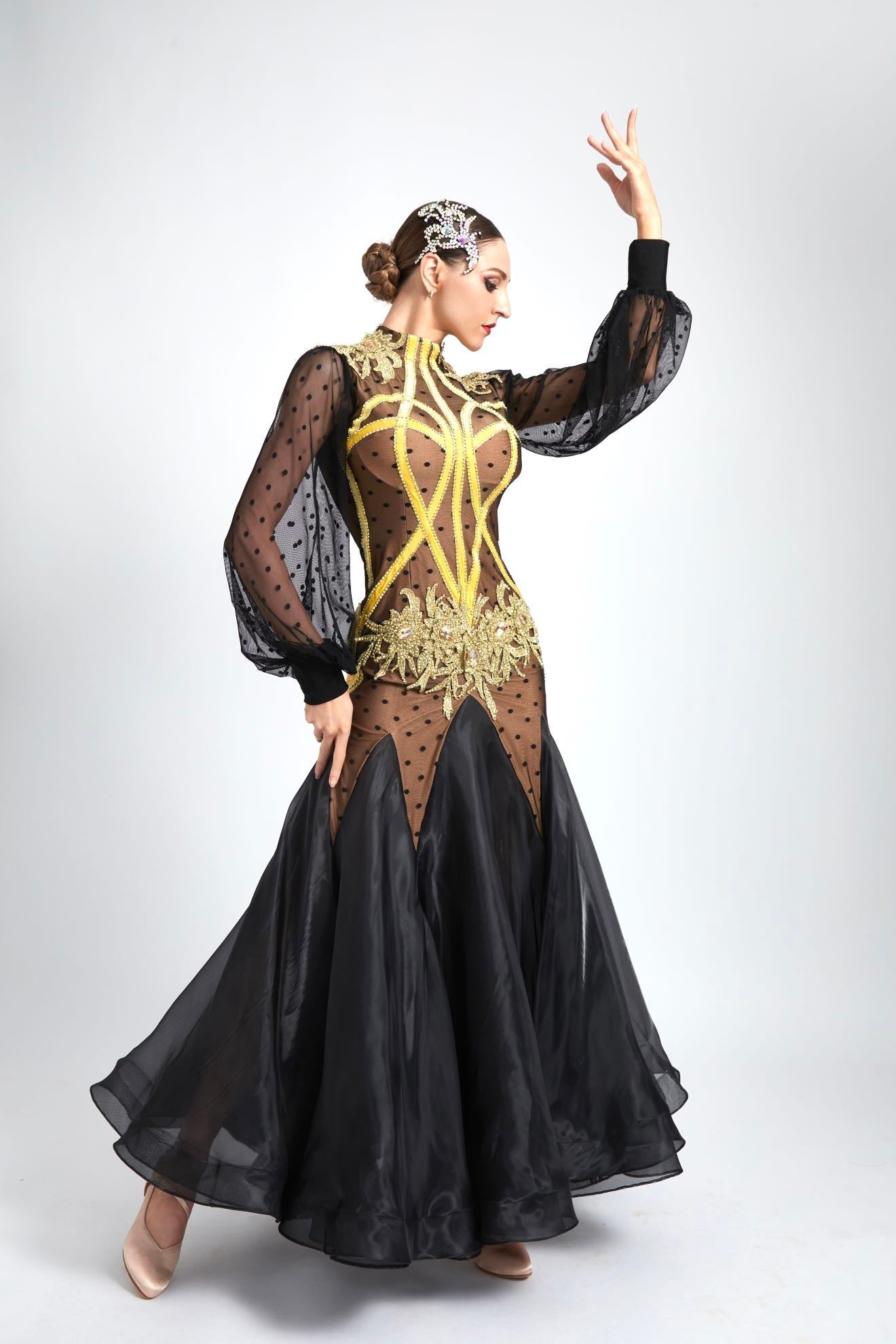 Long Puffy Sleeves Crystalline Ballroom Dress Standard/Smooth 