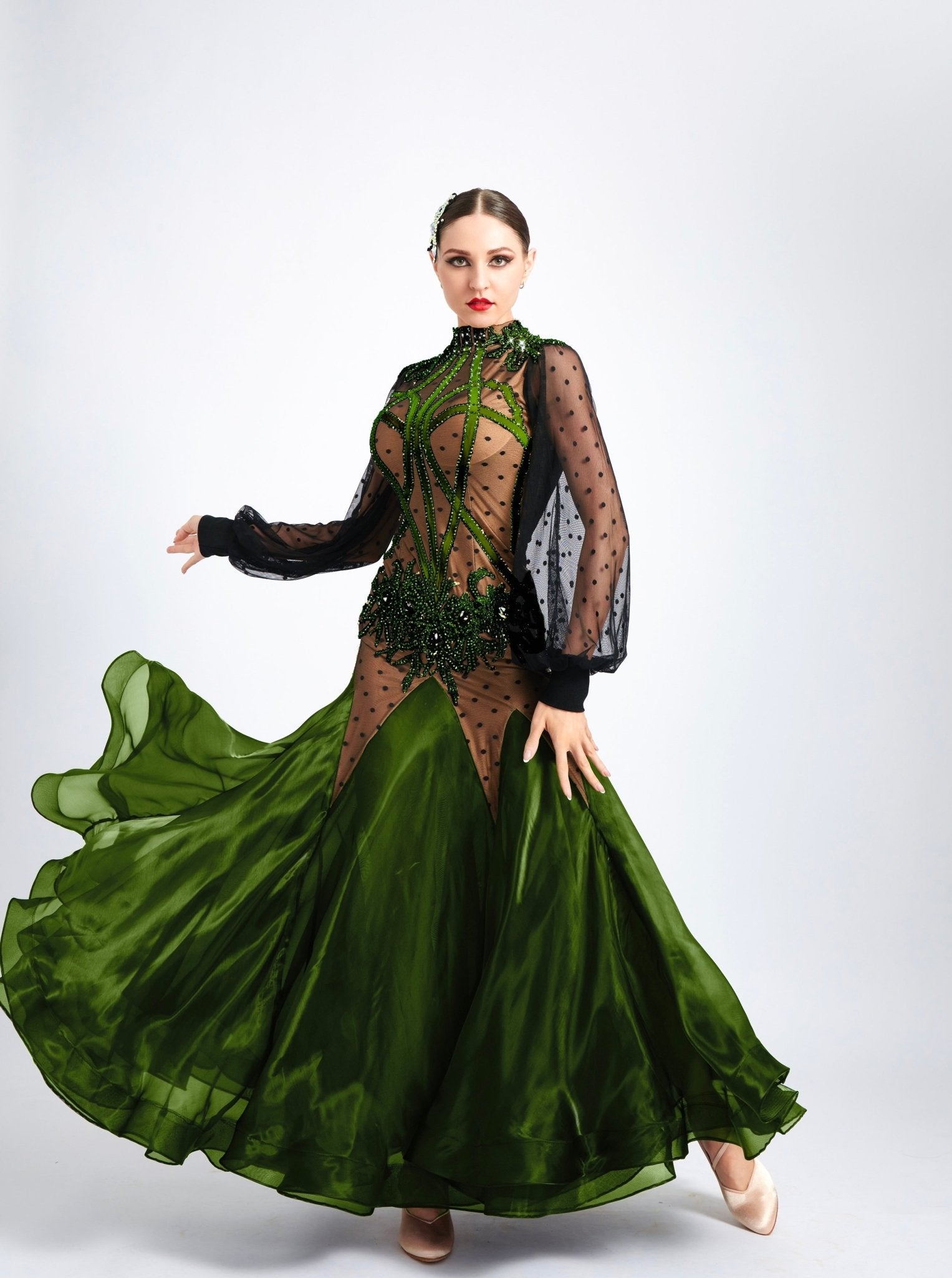 Long Puffy Sleeves Crystalline Ballroom Dress Standard/Smooth 