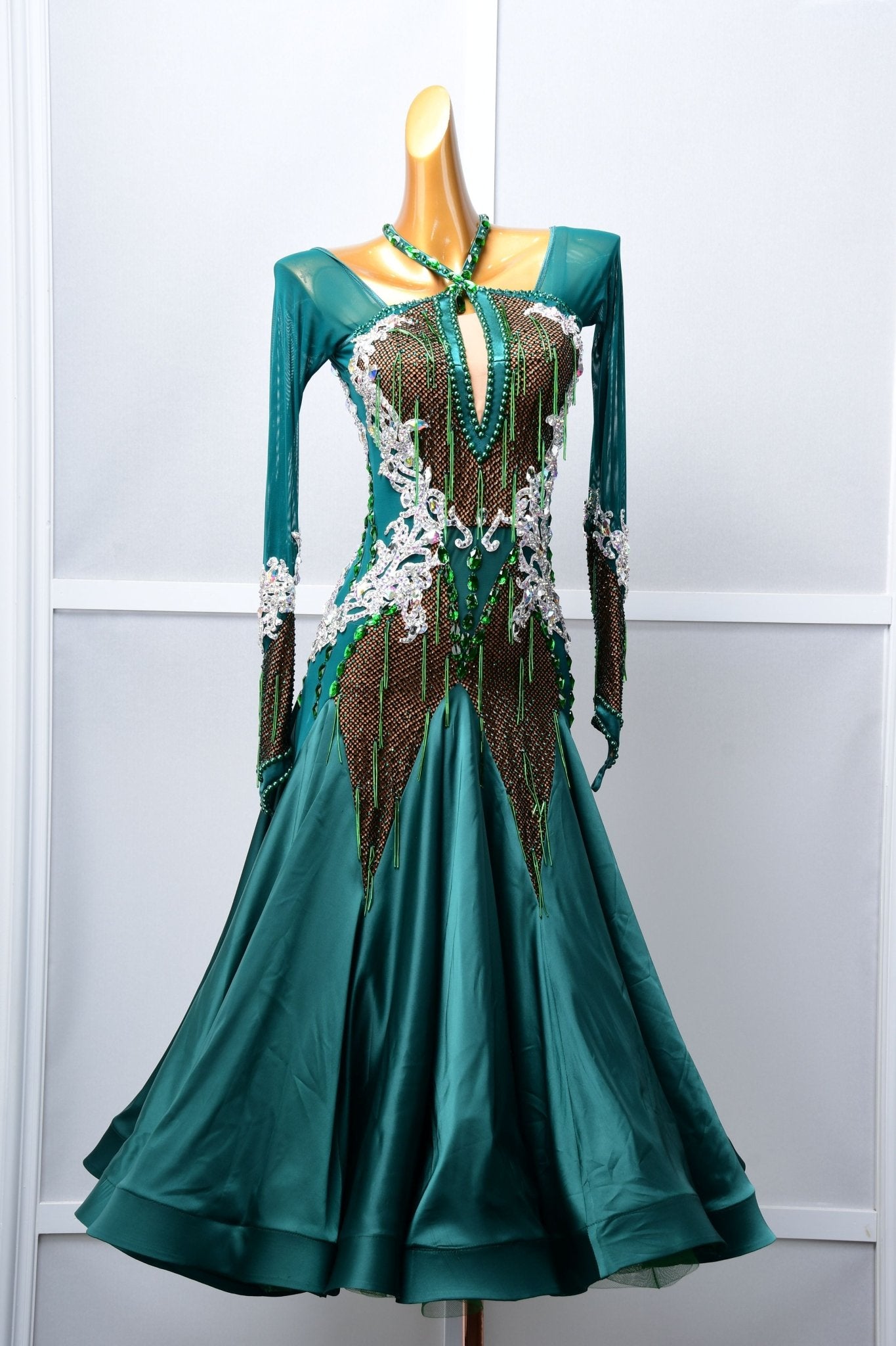 Long - sleeved Crystal Net Ballroom Dress Standard/Smooth 