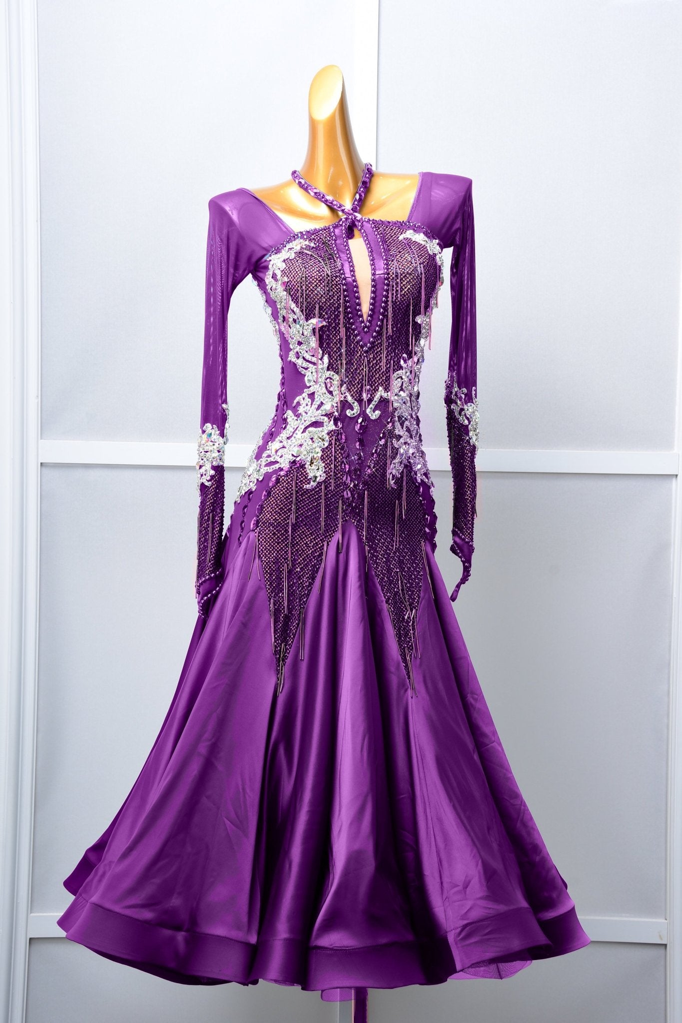 Long - sleeved Crystal Net Ballroom Dress Standard/Smooth 