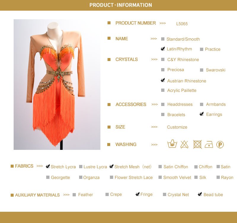 Long - sleeves Crystalline Fringe Latin Dress Latin/Rhythm 