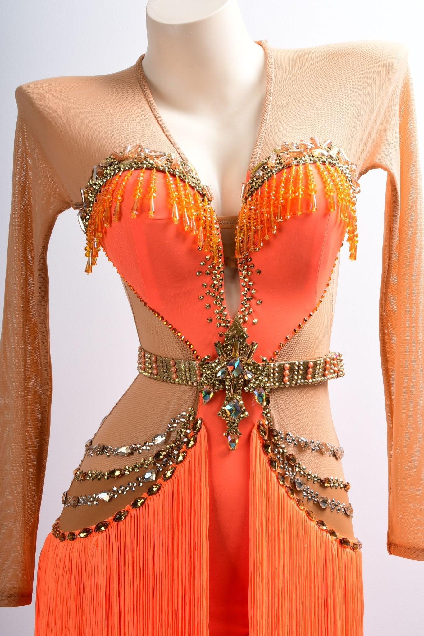 Long - sleeves Crystalline Fringe Latin Dress Latin/Rhythm 