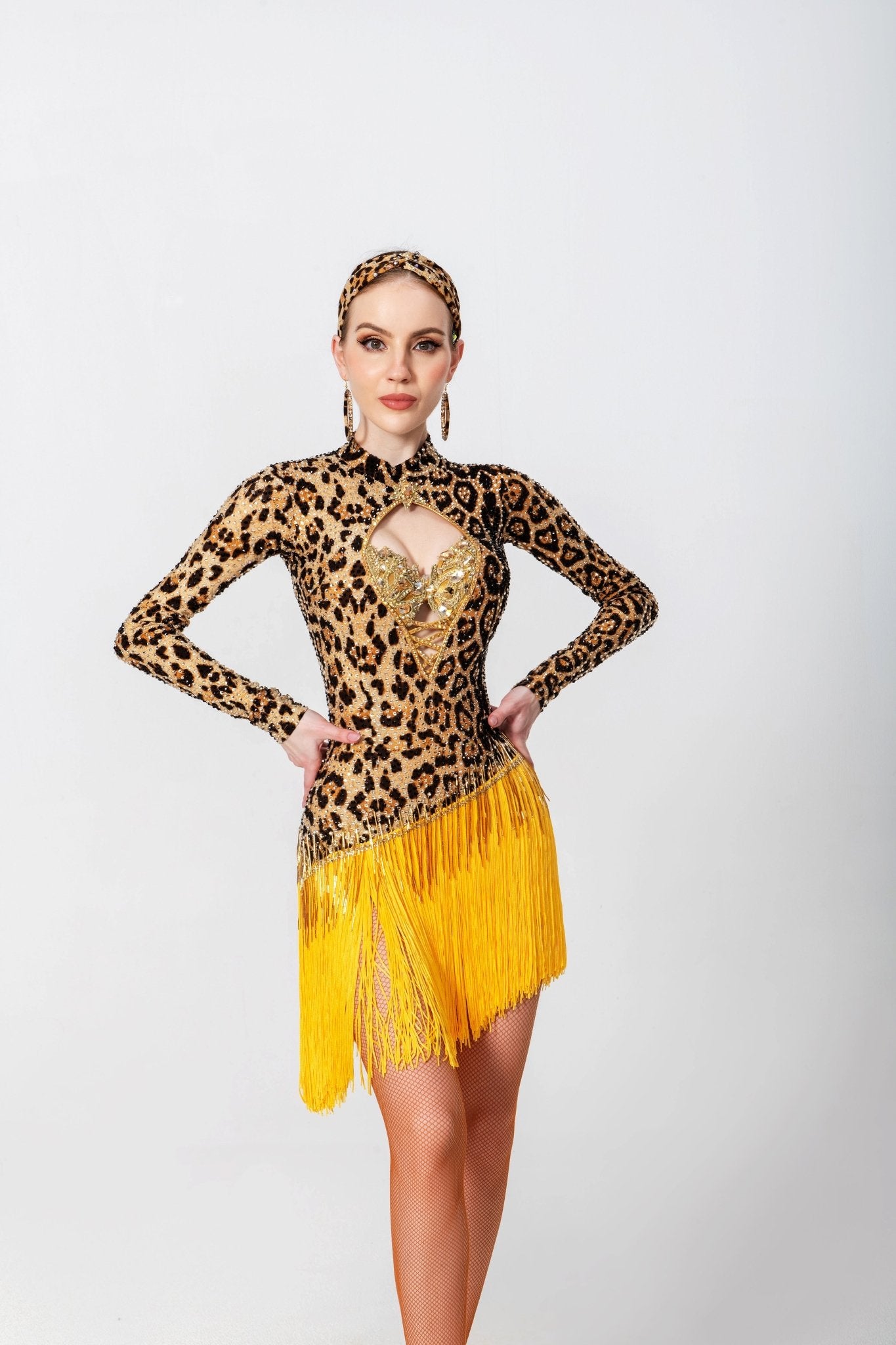 Long - sleeves Crystalline Leopard Print Fringe Latin Dress Latin/Rhythm 