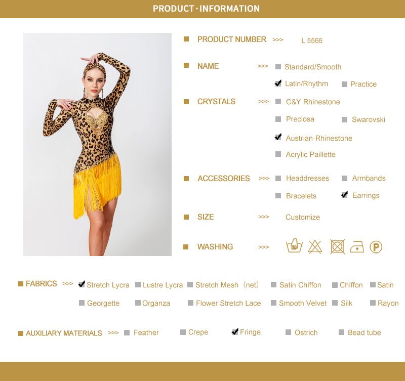 Long - sleeves Crystalline Leopard Print Fringe Latin Dress Latin/Rhythm 